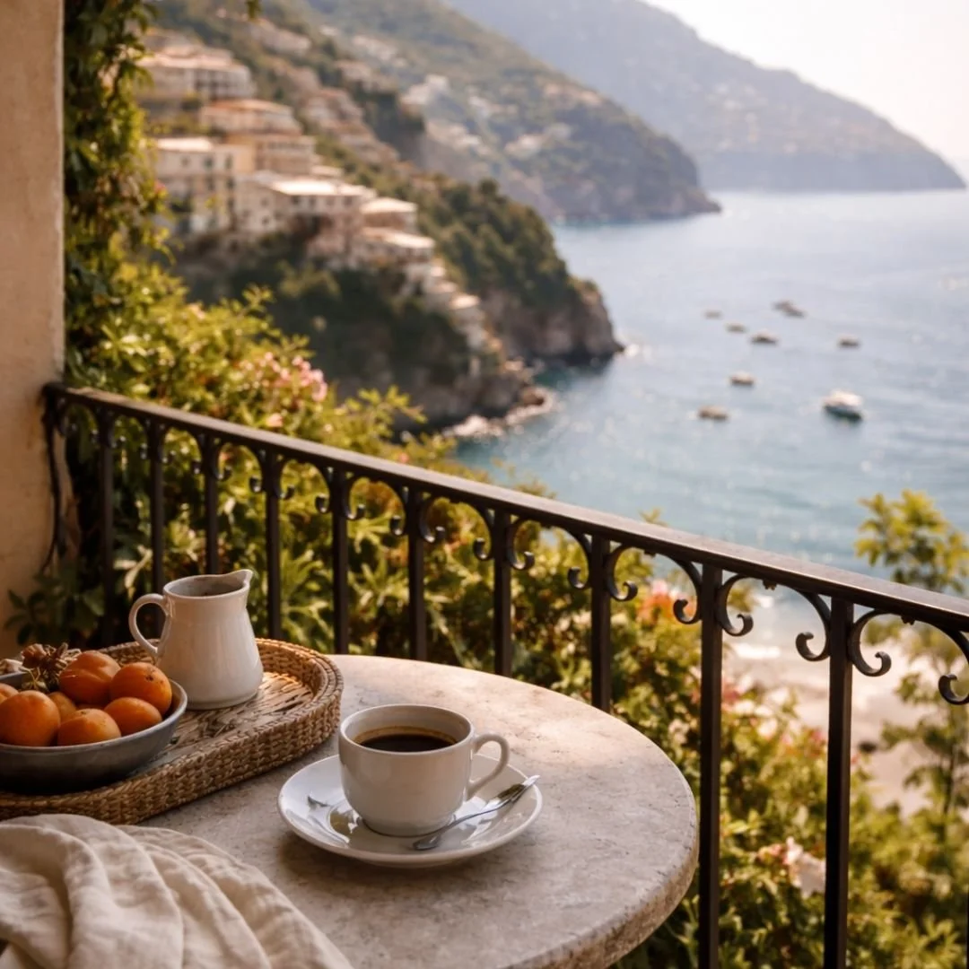 Morning coffee on a quiet Amalfi Coast balcony, with a stone table, ceramic cup, and soft sunlight overlooking pastel hillside villages and the calm Mediterranean Sea.