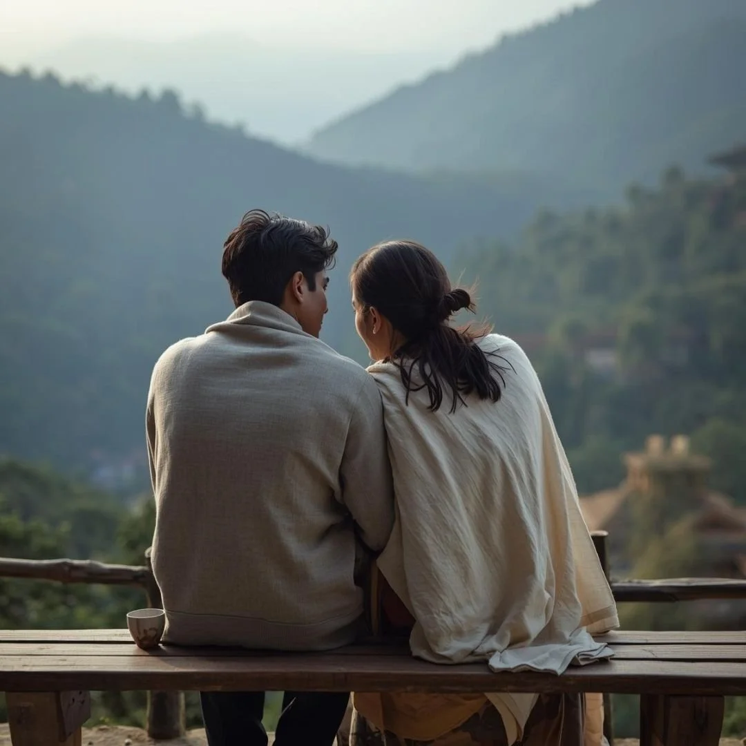Young Indian couple sitting quietly on a wooden bench, overlooking misty hills in Bhutan, sharing a calm, reflective moment in nature.