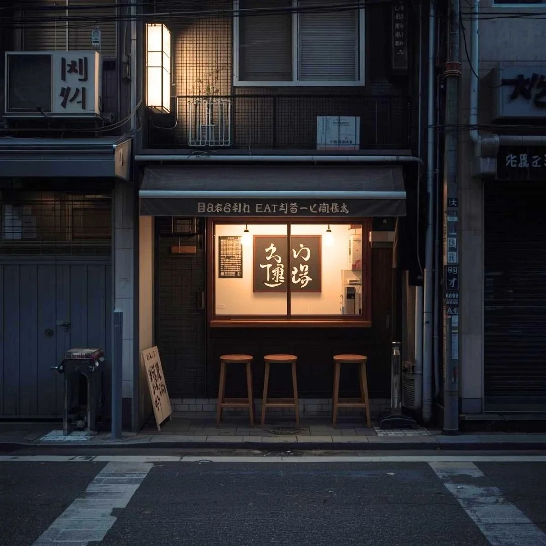 A small Japanese eatery with a few stools on a quiet Tokyo street at night, softly lit from within, capturing an intimate and hidden city experience