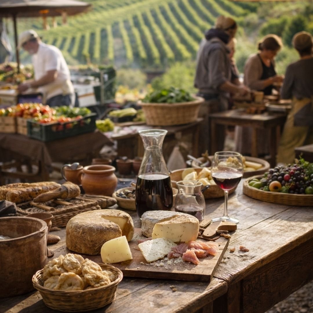 Rustic French market stall with wicker baskets, handwritten signs, and artisanal cheeses and cured goods, capturing the authentic flavours and craftsmanship of local French culture.