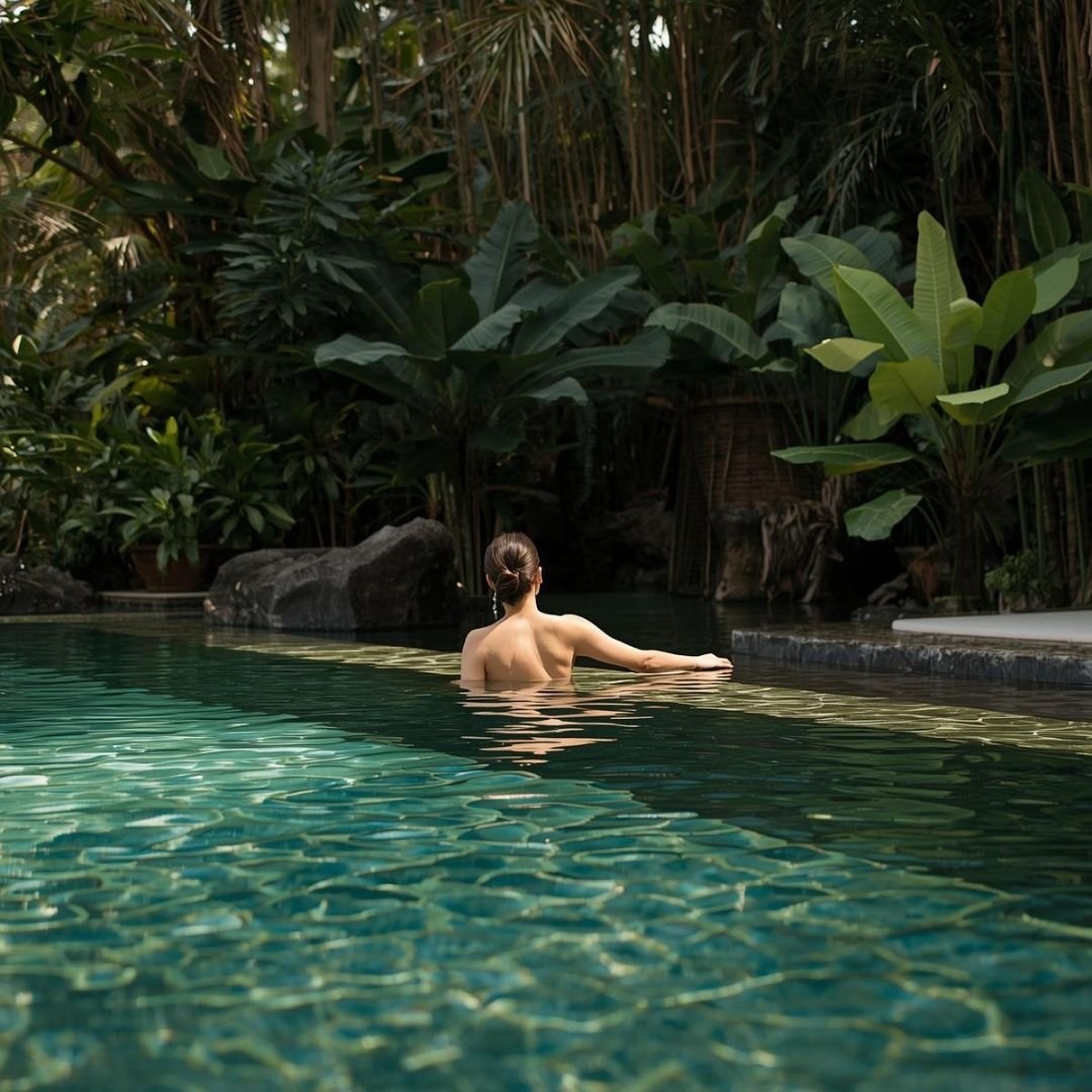 Person relaxing in a calm Bali pool surrounded by lush greenery in soft natural light