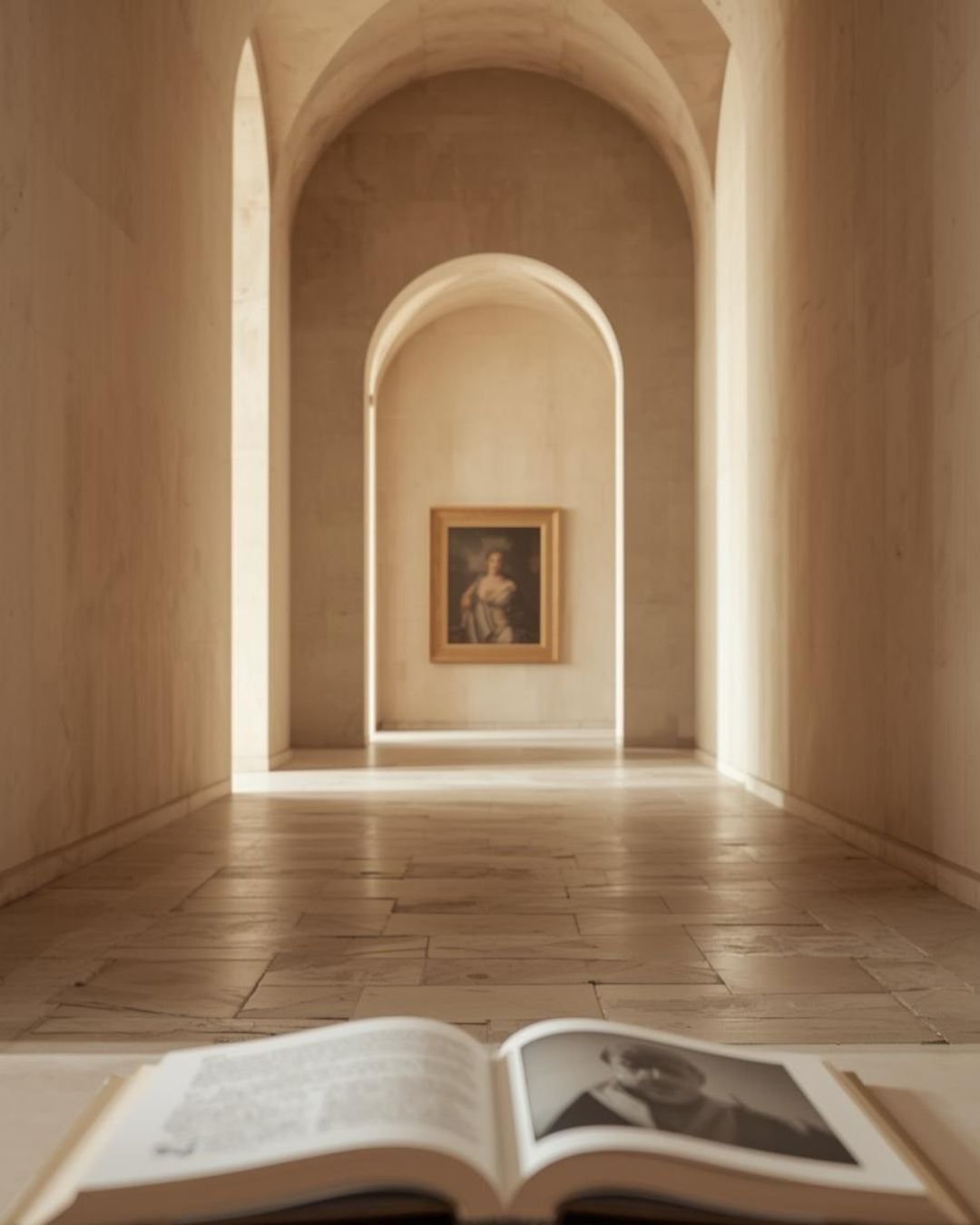 Warm, sunlit museum corridor with tall arched doorways and stone floors, a framed portrait centered at the far end, and an open book blurred in the foreground.