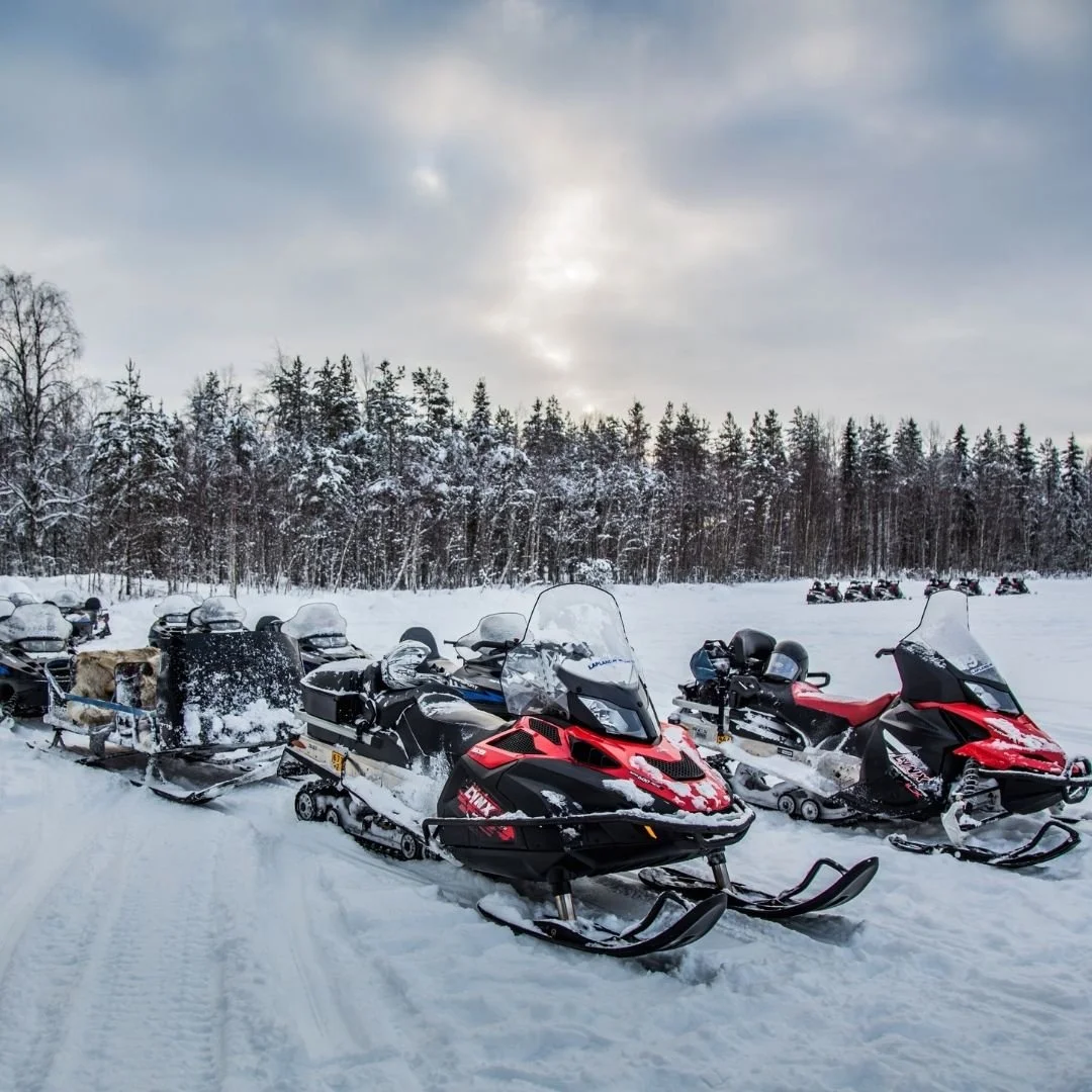 Snowmobiles lined up on a snow-covered trail in Lapland, with a forest edge and winter sky in the background.