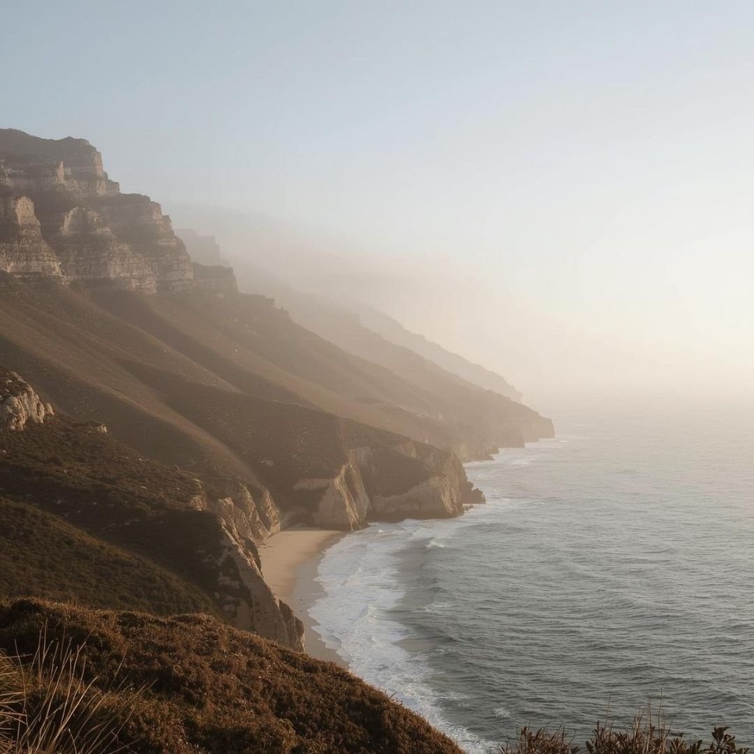 Soft morning light over rugged coastal cliffs and a quiet beach along South Africa’s dramatic coastline.