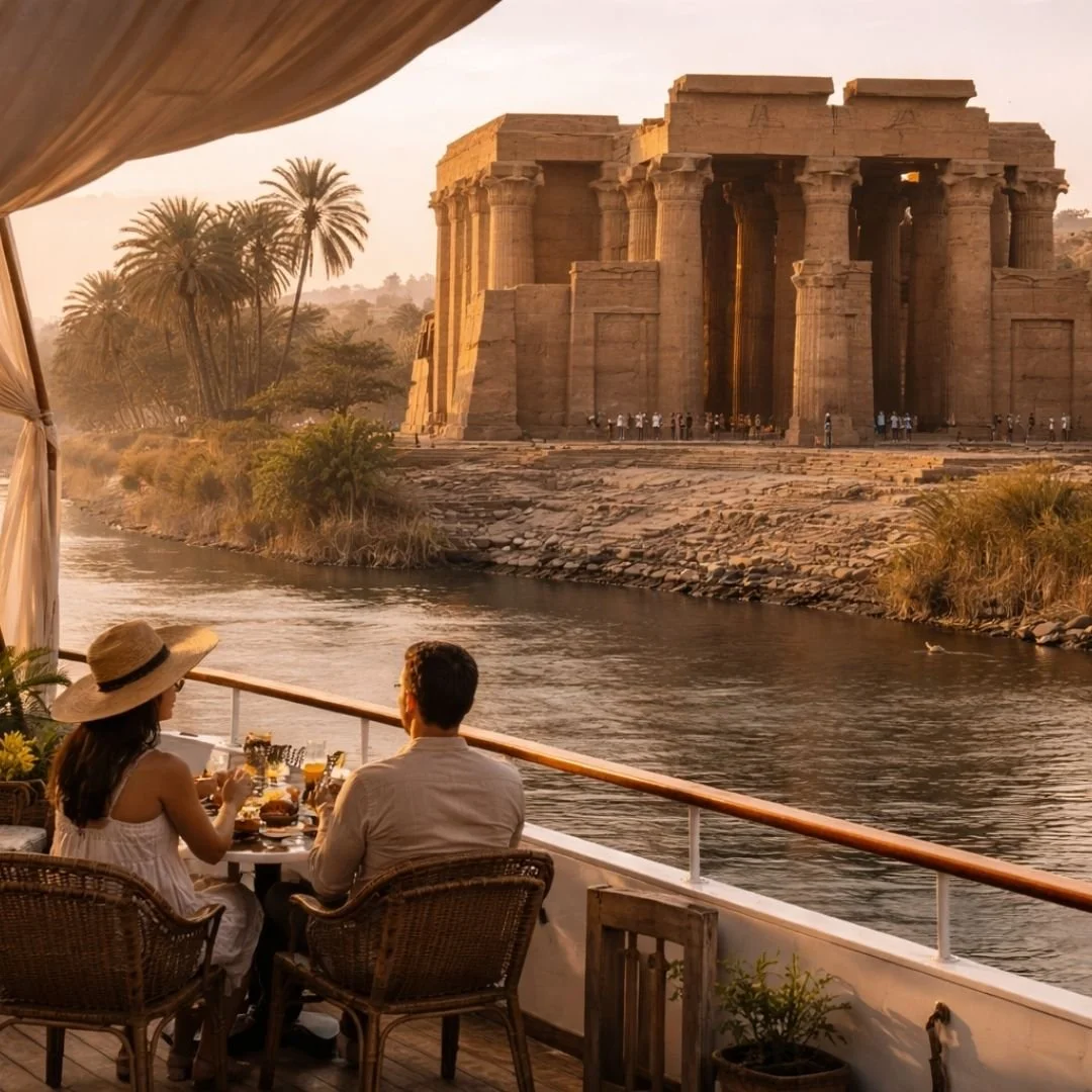“Travelers enjoying a meal on a Nile cruise as a riverside temple comes into view.