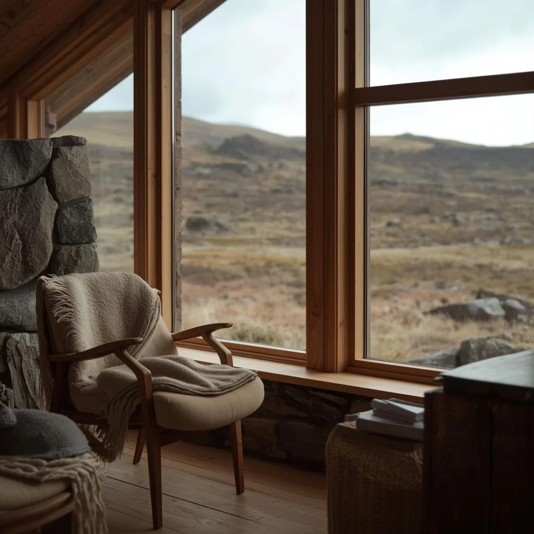 A cosy Scandinavian-style interior with a cushioned armchair by a large window, overlooking Iceland’s quiet, open landscape of rocky hills and muted earth tones.