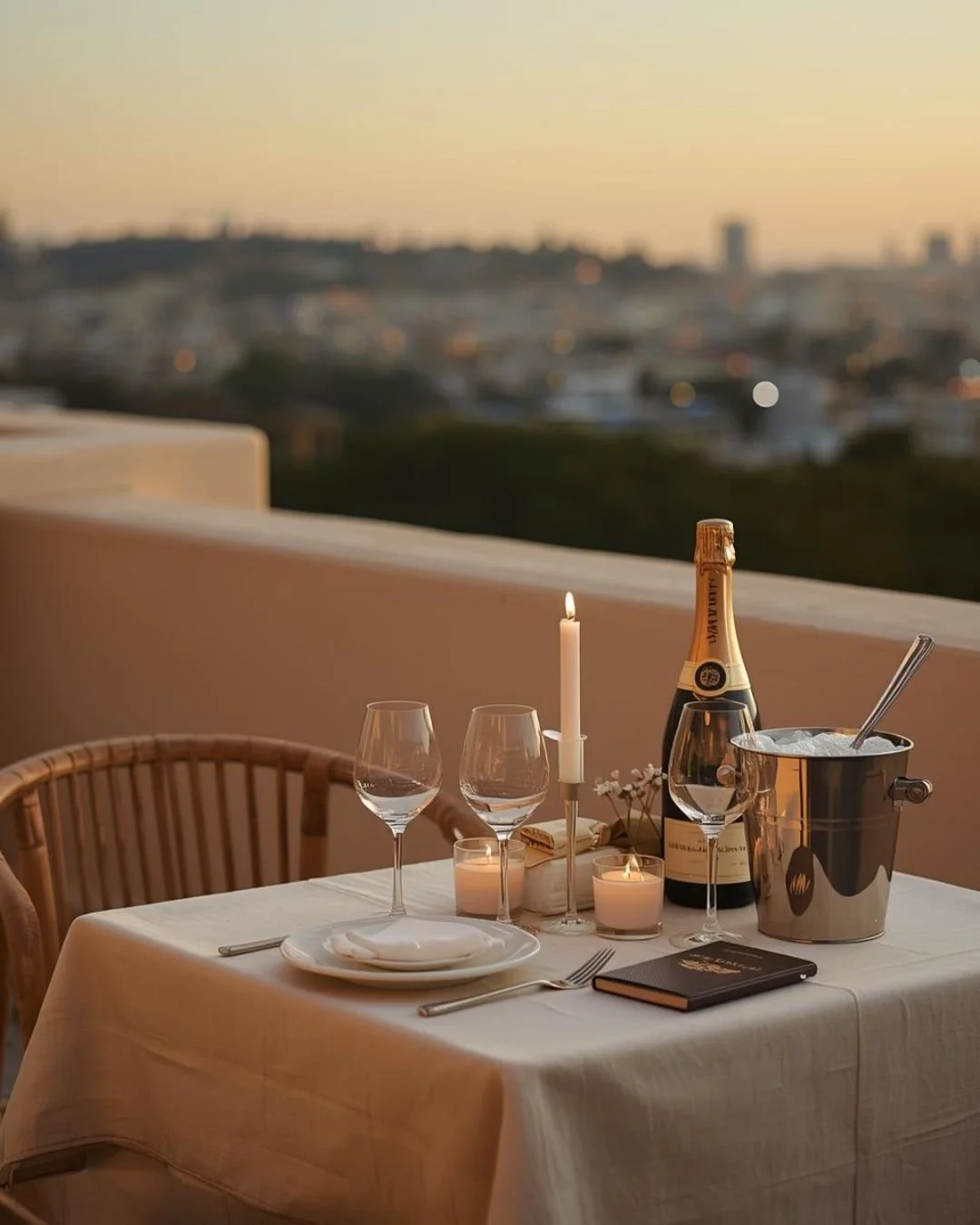 Sunset terrace table set for an intimate celebration, with candles, wine glasses, a chilled champagne bottle in an ice bucket, and a softly blurred city skyline beyond.