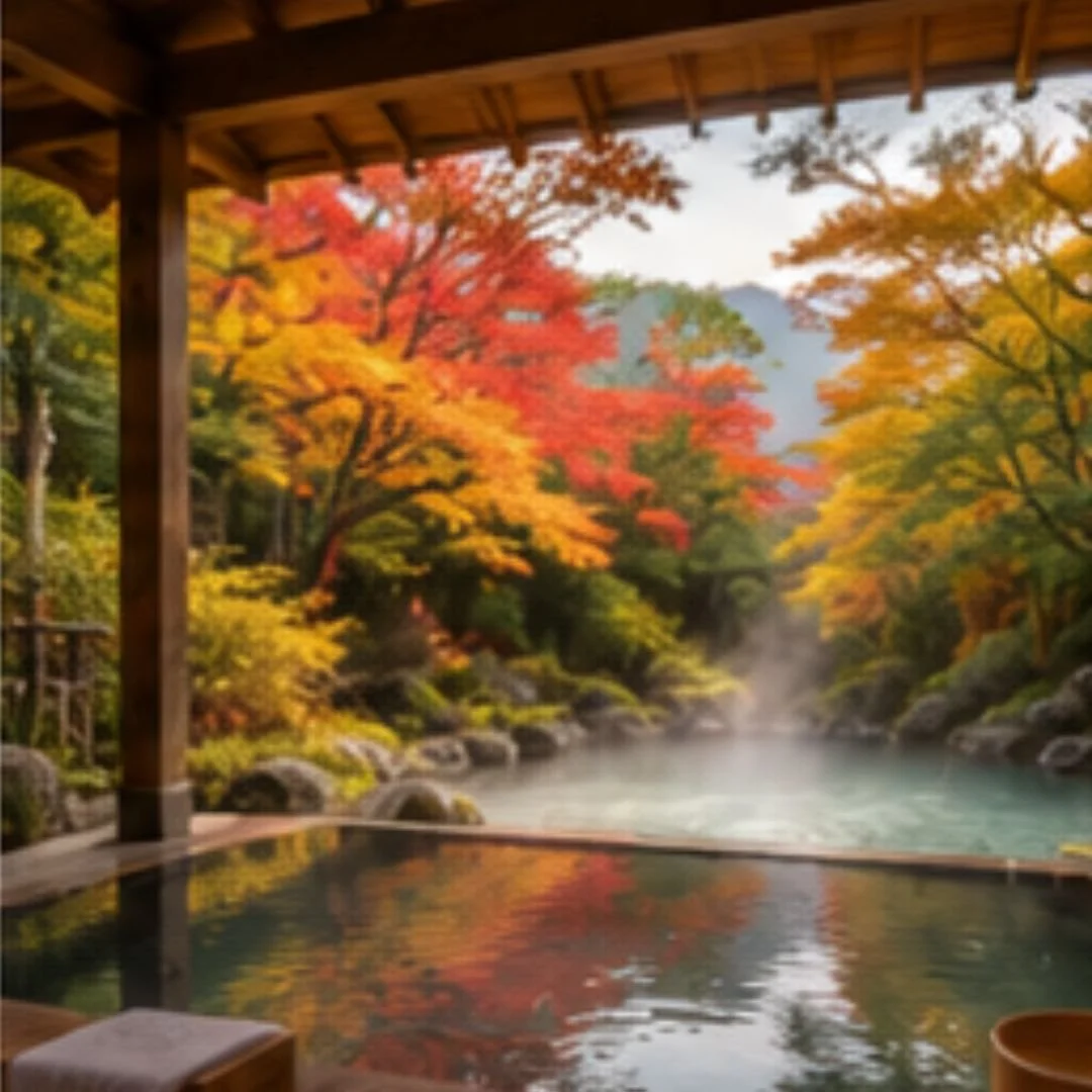 Japanese outdoor onsen surrounded by colourful autumn foliage