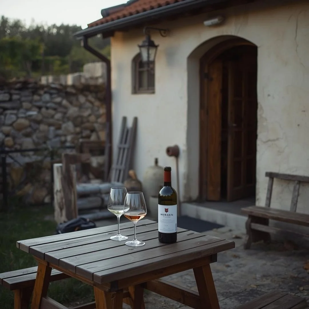 A wooden table set with two wine glasses and a bottle outside a rustic countryside house, capturing a quiet wine-tasting moment rooted in simplicity, place, and slow living.