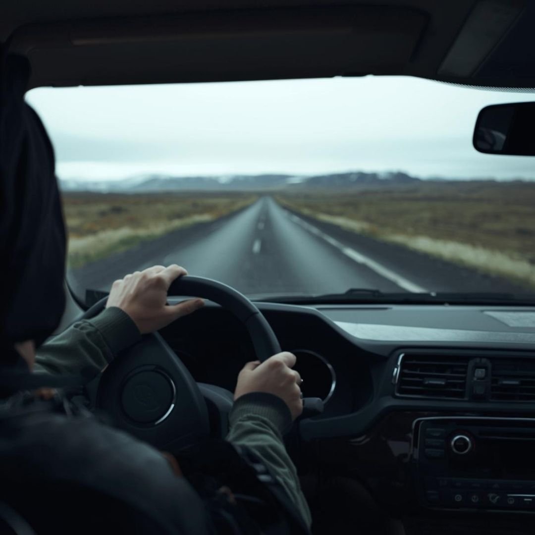 View from inside a car driving along a long, empty road through open countryside under an overcast sky.