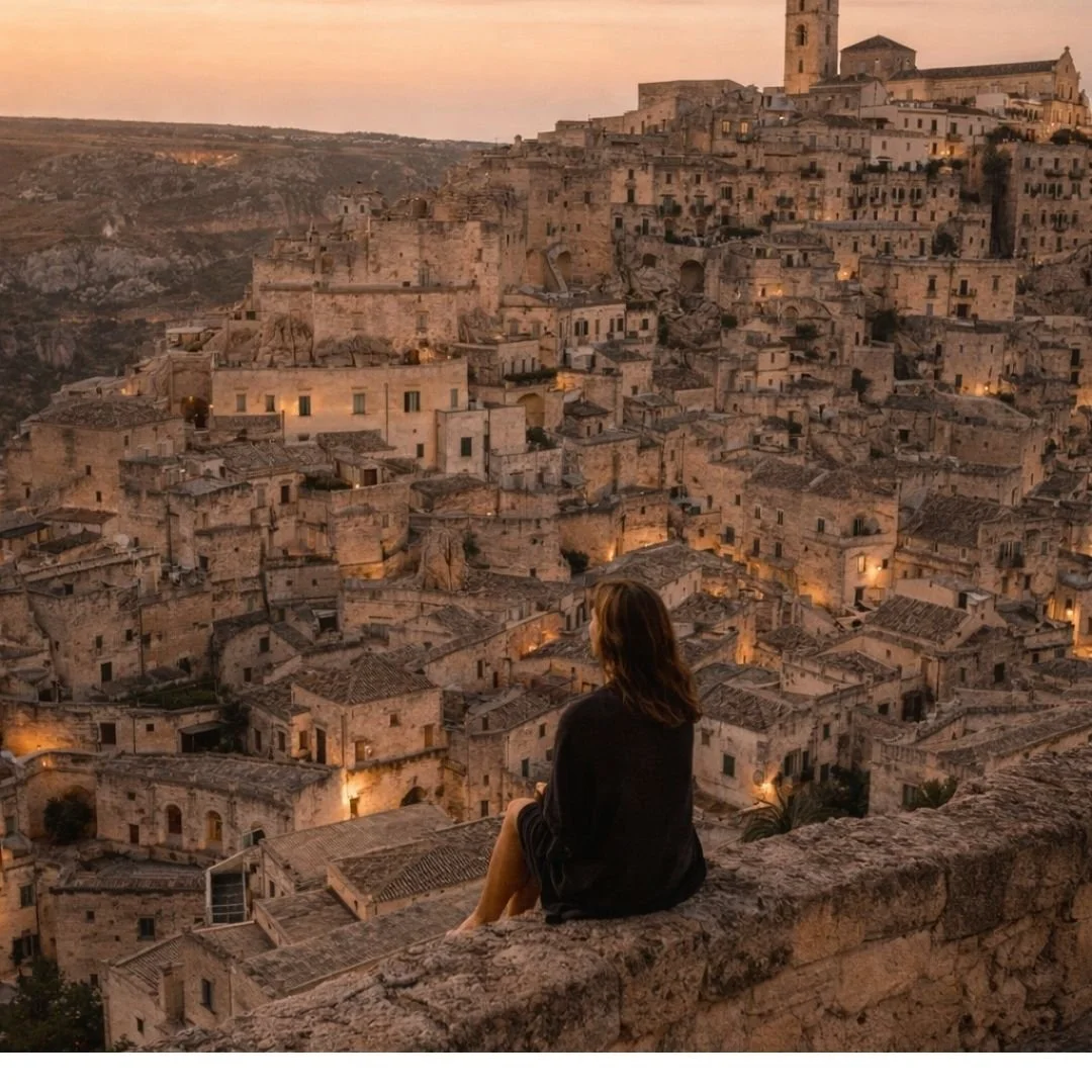 Traveller overlooking the historic hill town of Matera with ancient stone architecture at sunset