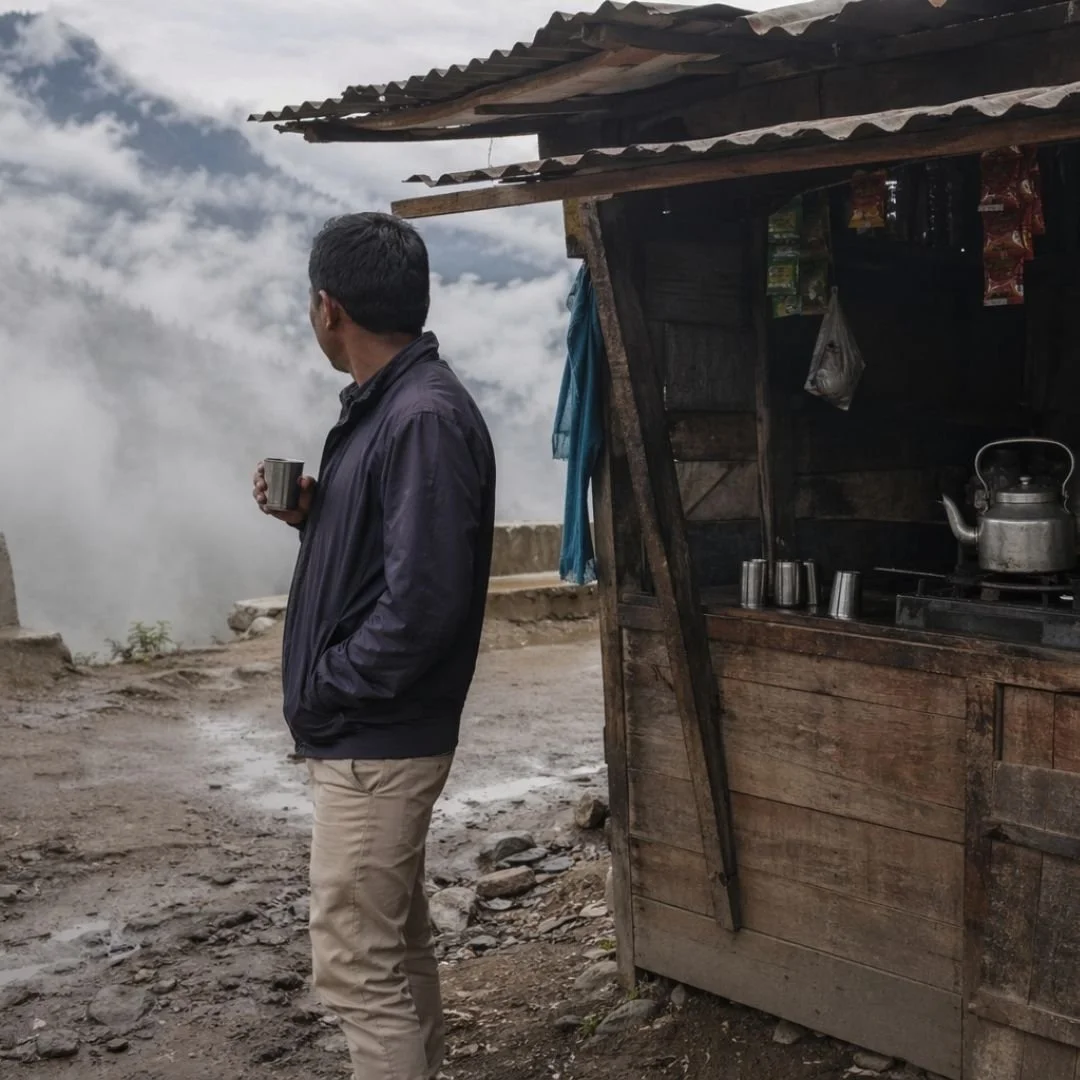 Indian traveller holding chai at a small roadside tea stall in Arunachal Pradesh with misty mountains and fog in the background, captured in a quiet, candid moment