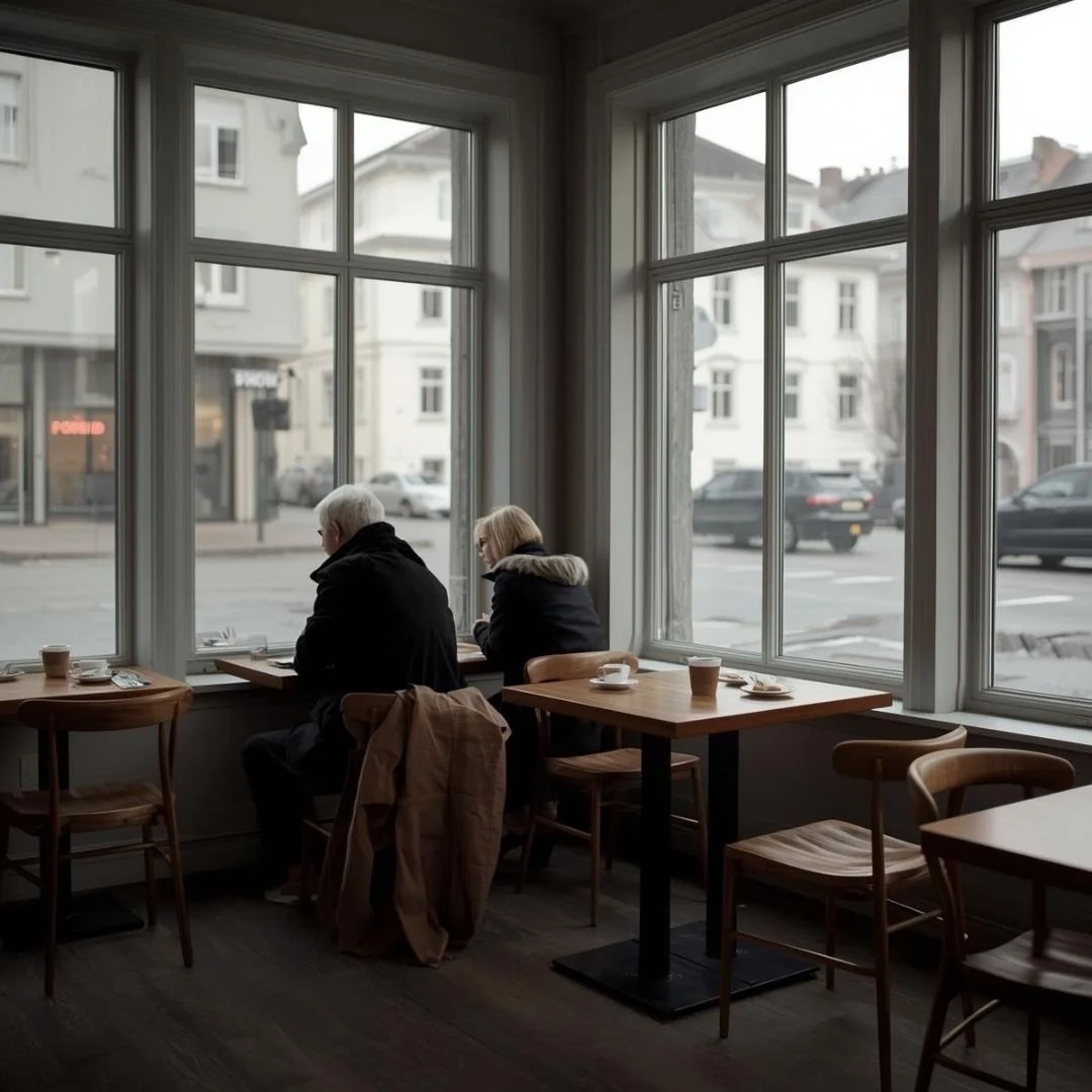 Two people sitting quietly at separate wooden tables inside a minimalist café, facing large windows overlooking a quiet street on an overcast day.