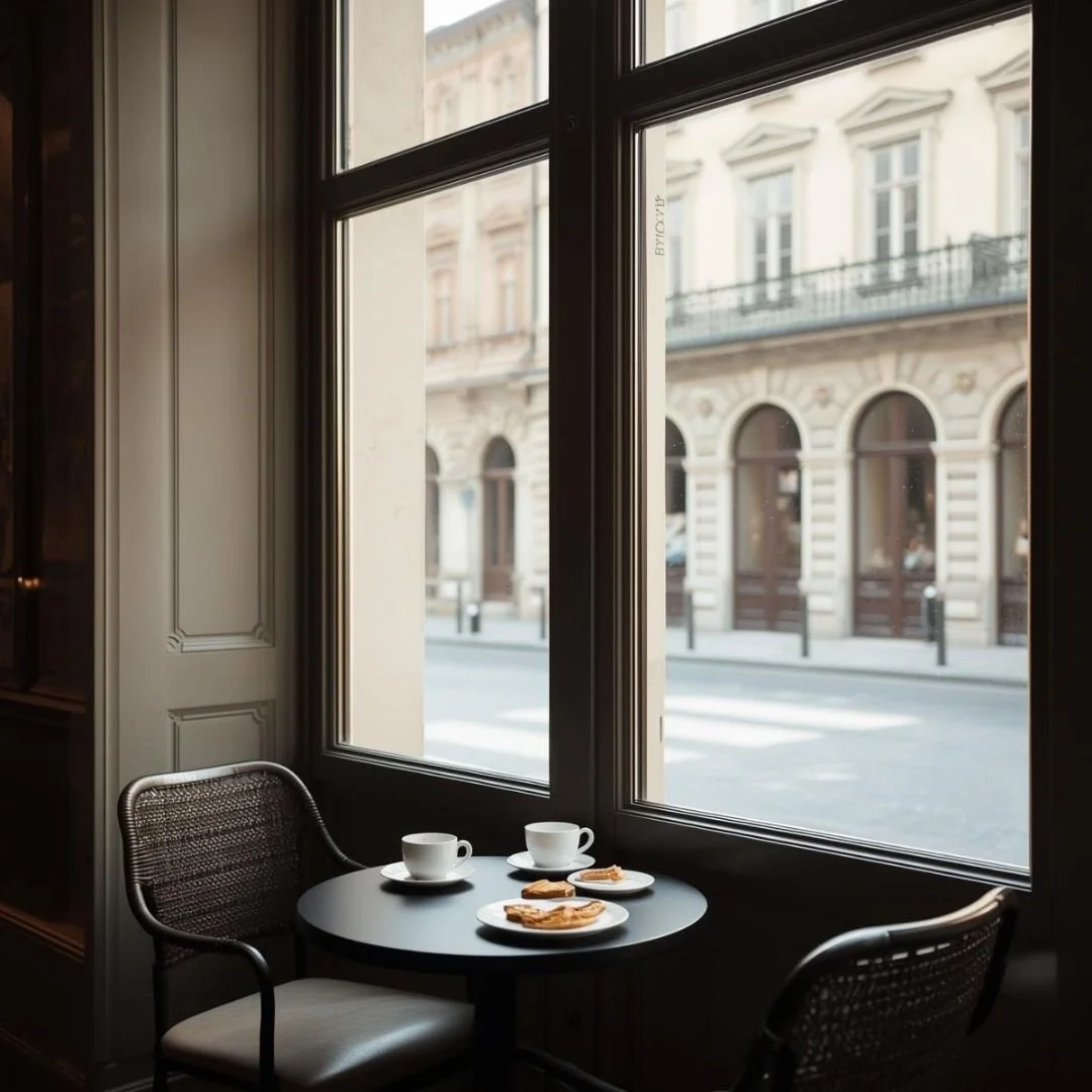 Quiet Prague café table set by a large window, with two cups of coffee and pastries overlooking a calm historic street.
