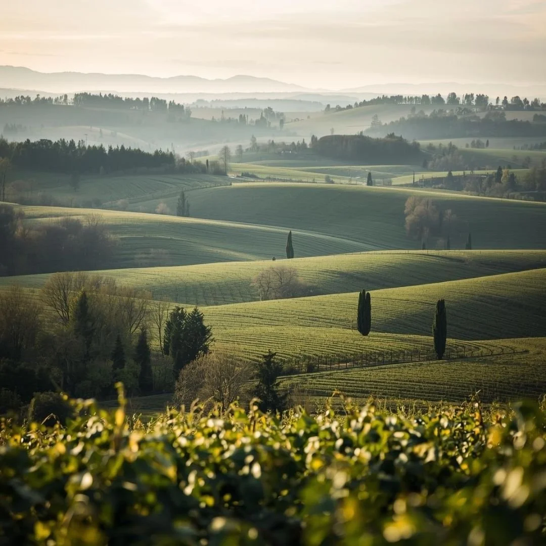 Rolling countryside in Czechia with soft green fields, gentle hills layered into the distance, morning mist hanging low, and a quiet, expansive rural landscape that feels calm and unhurried.