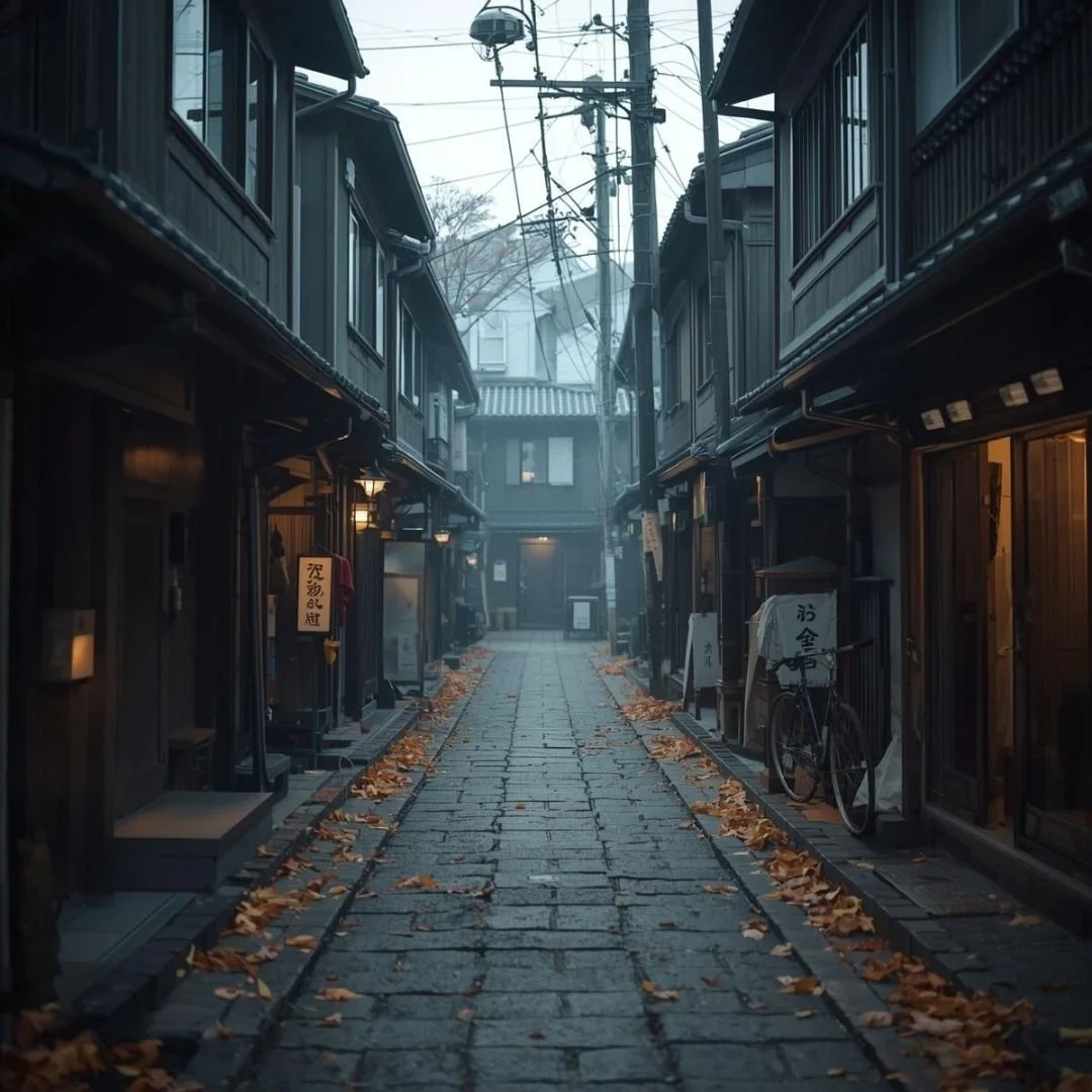 Quiet Kyoto street in autumn with fallen leaves and soft lantern light, reflecting slow, immersive travel in Japan