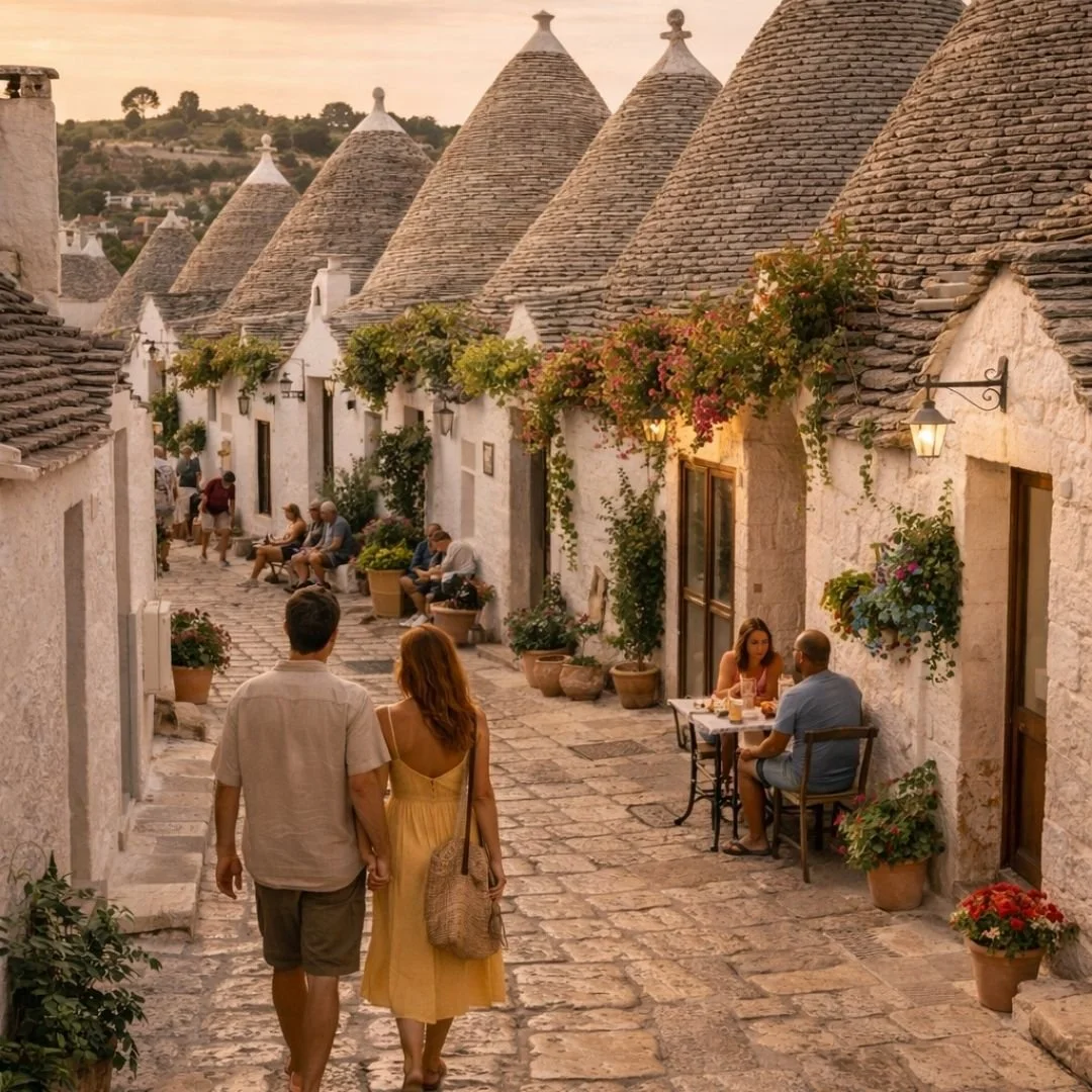 Evening stroll through a quiet Puglian village lined with traditional trullo houses, where daily life unfolds along stone streets at an unhurried pace.