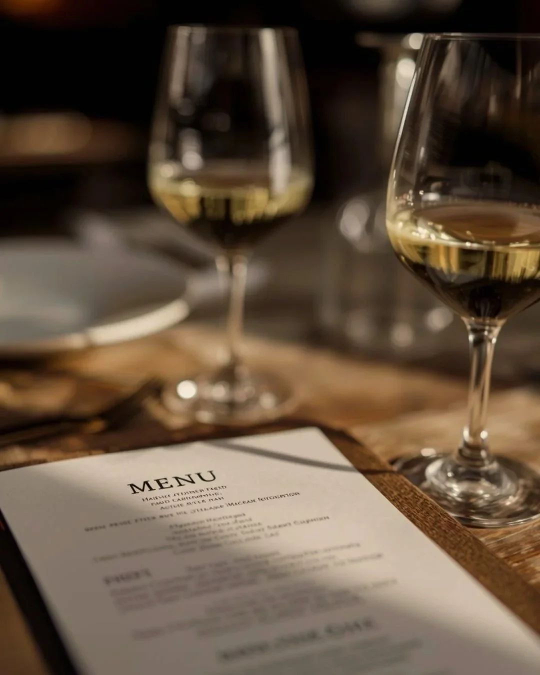 Close-up of a dinner table with a printed menu in focus and two wine glasses filled with white wine softly blurred in the background