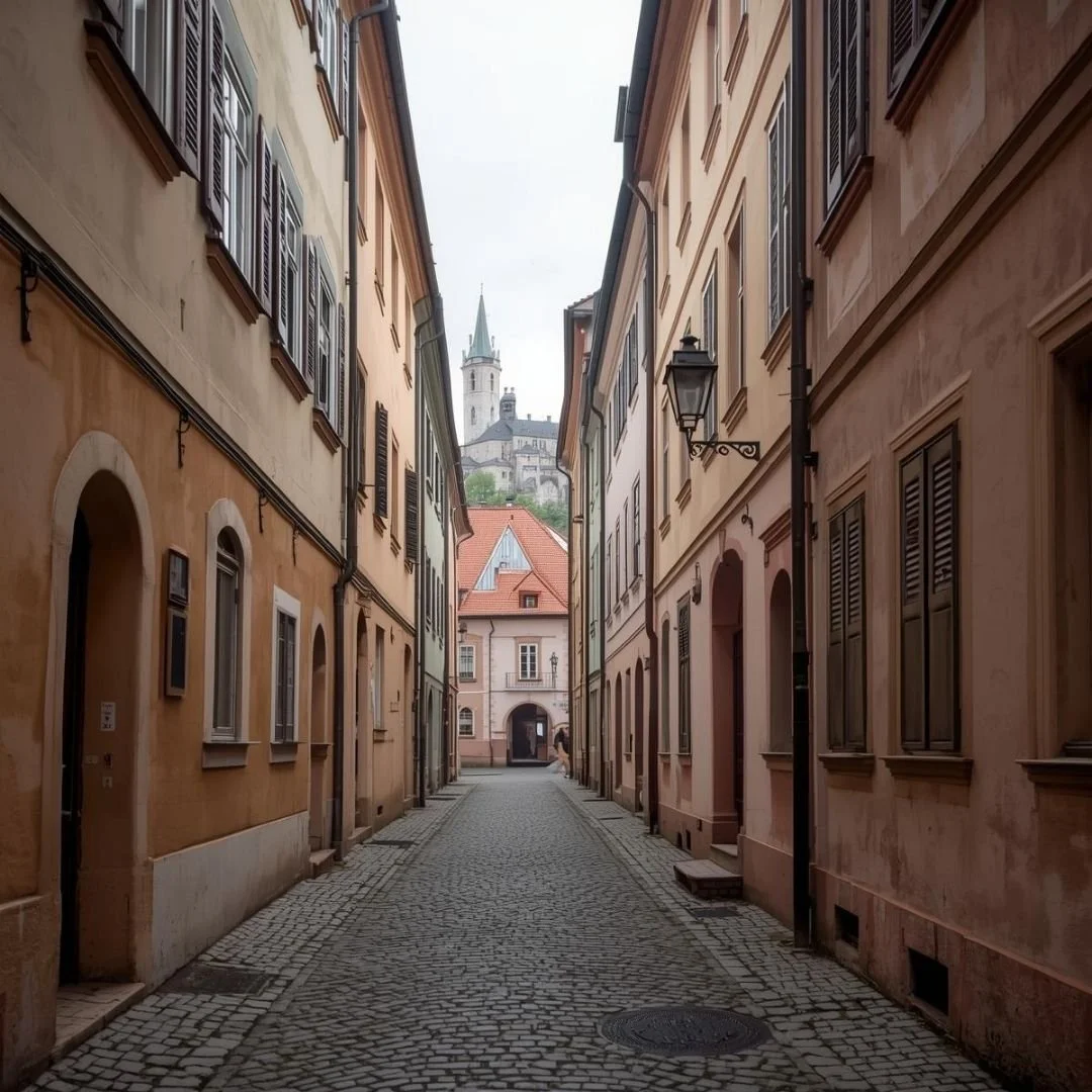 A narrow cobblestone street lined with pastel-hued historic buildings in Český Krumlov, leading toward a distant church tower, evoking quiet exploration and timeless European charm.