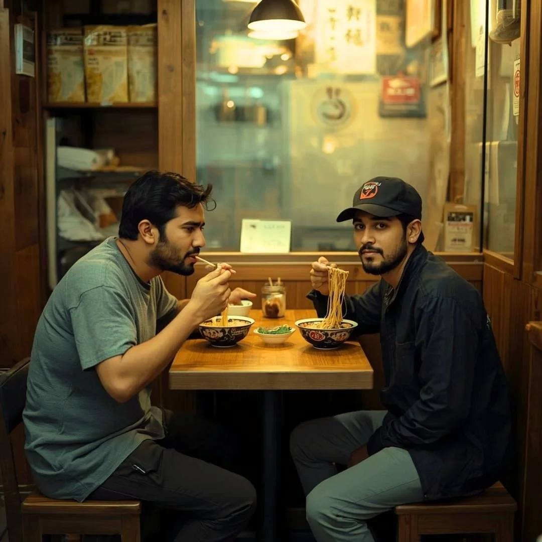 Two travellers having ramen at a small Japanese restaurant, capturing a quiet and authentic dining moment during a slow, unhurried meal in Japan