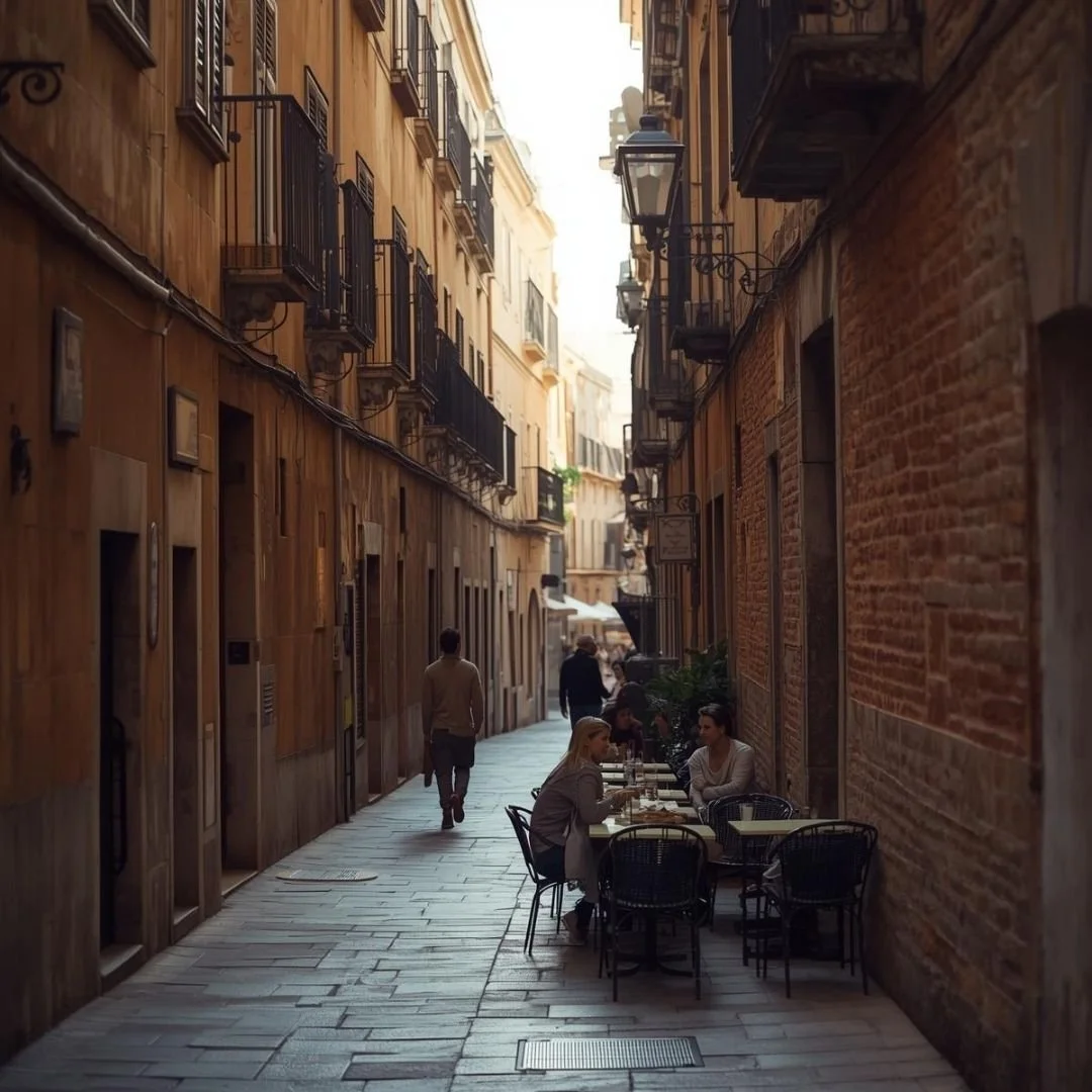 People sitting at small café tables along a narrow old street in Barcelona, with warm-toned buildings, balconies, and soft afternoon light.