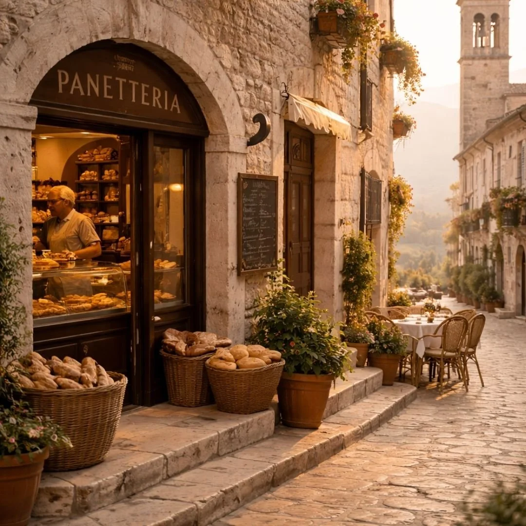 Early morning bakery in an Umbrian hill town, with warm light spilling from an open doorway onto a quiet stone street, baskets of fresh bread outside, and a church tower in the background.
