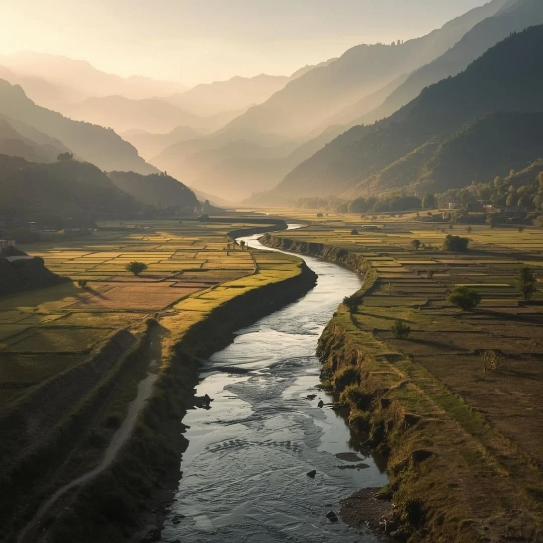A winding river flowing through Bhutan’s terraced valley at dawn, framed by layered mountain ridges and soft golden light, evoking calm, scale, and quiet beauty.
