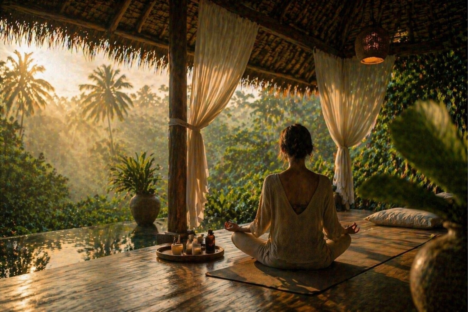 Woman meditating in a serene Bali jungle villa at sunrise, surrounded by lush greenery and soft natural light, capturing a peaceful wellness travel experience.