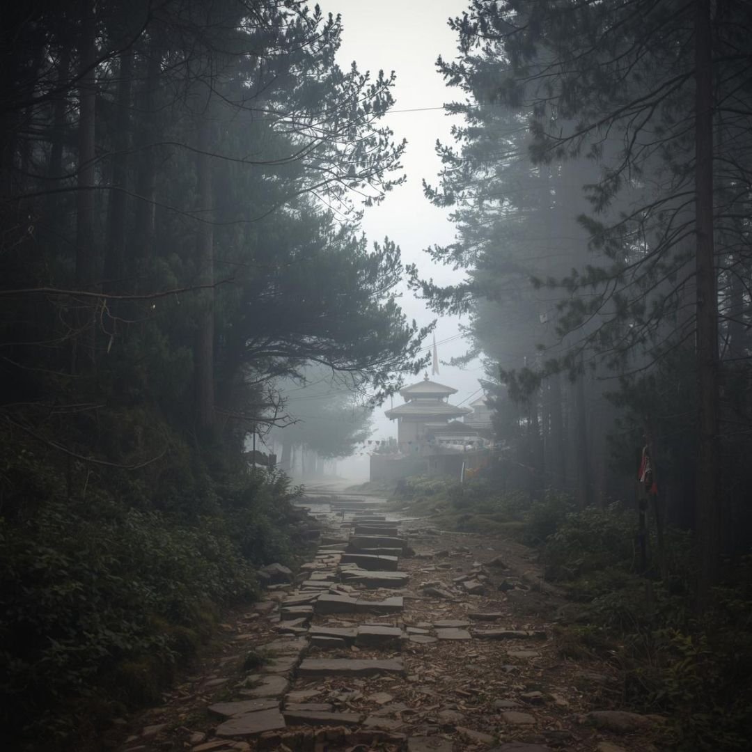 Stone path leading through a misty forest toward a Bhutanese monastery