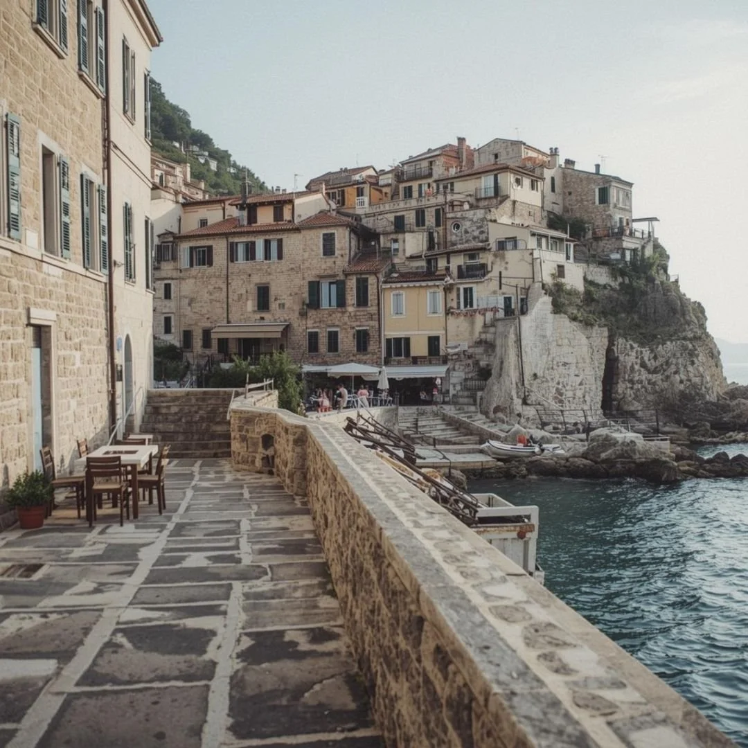 Stone promenade along the Croatian coast with historic houses, small boats, and calm sea beside a seaside village.