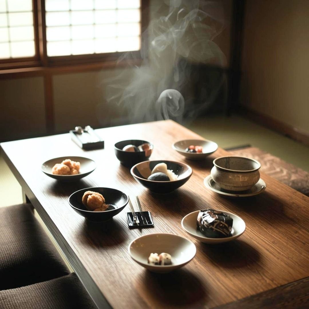 A traditional Japanese kaiseki meal arranged on a wooden table with small dishes and soft natural light, capturing a calm and unhurried dining experience
