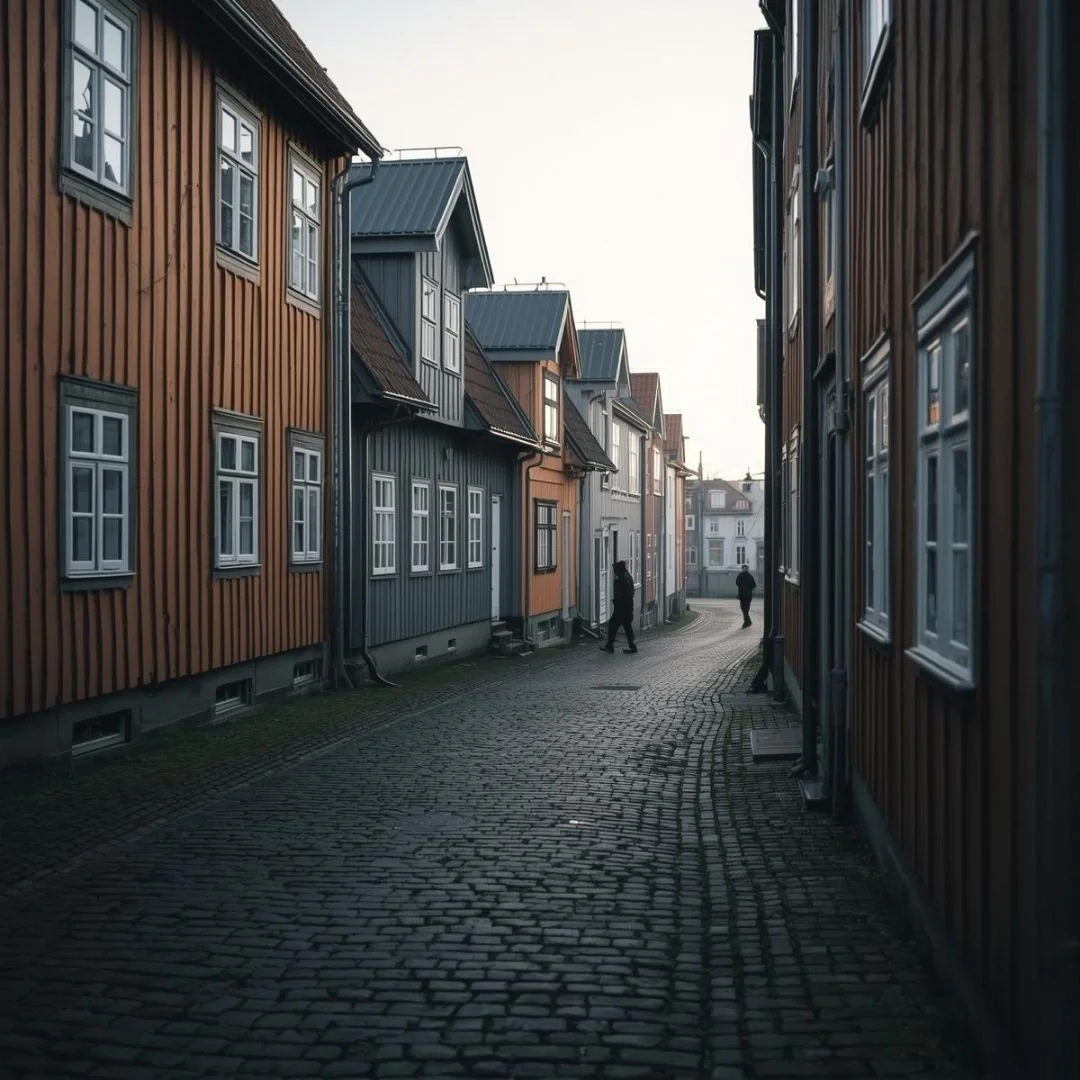 Quiet cobblestone street lined with traditional wooden houses in a Nordic town, soft daylight and minimal movemen