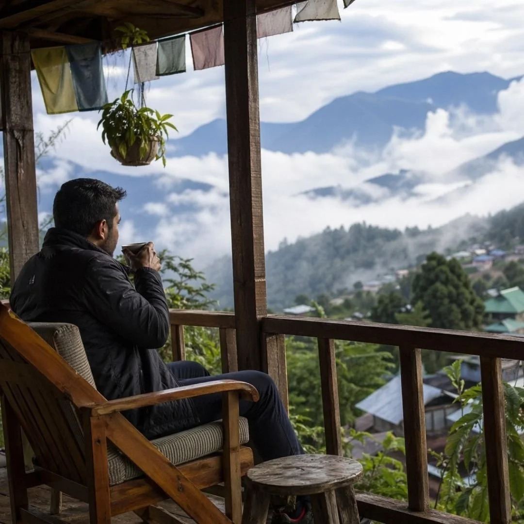 Indian traveller sitting on a wooden homestay balcony in Arunachal Pradesh, holding a cup and looking over a misty mountain village with layered hills and clouds