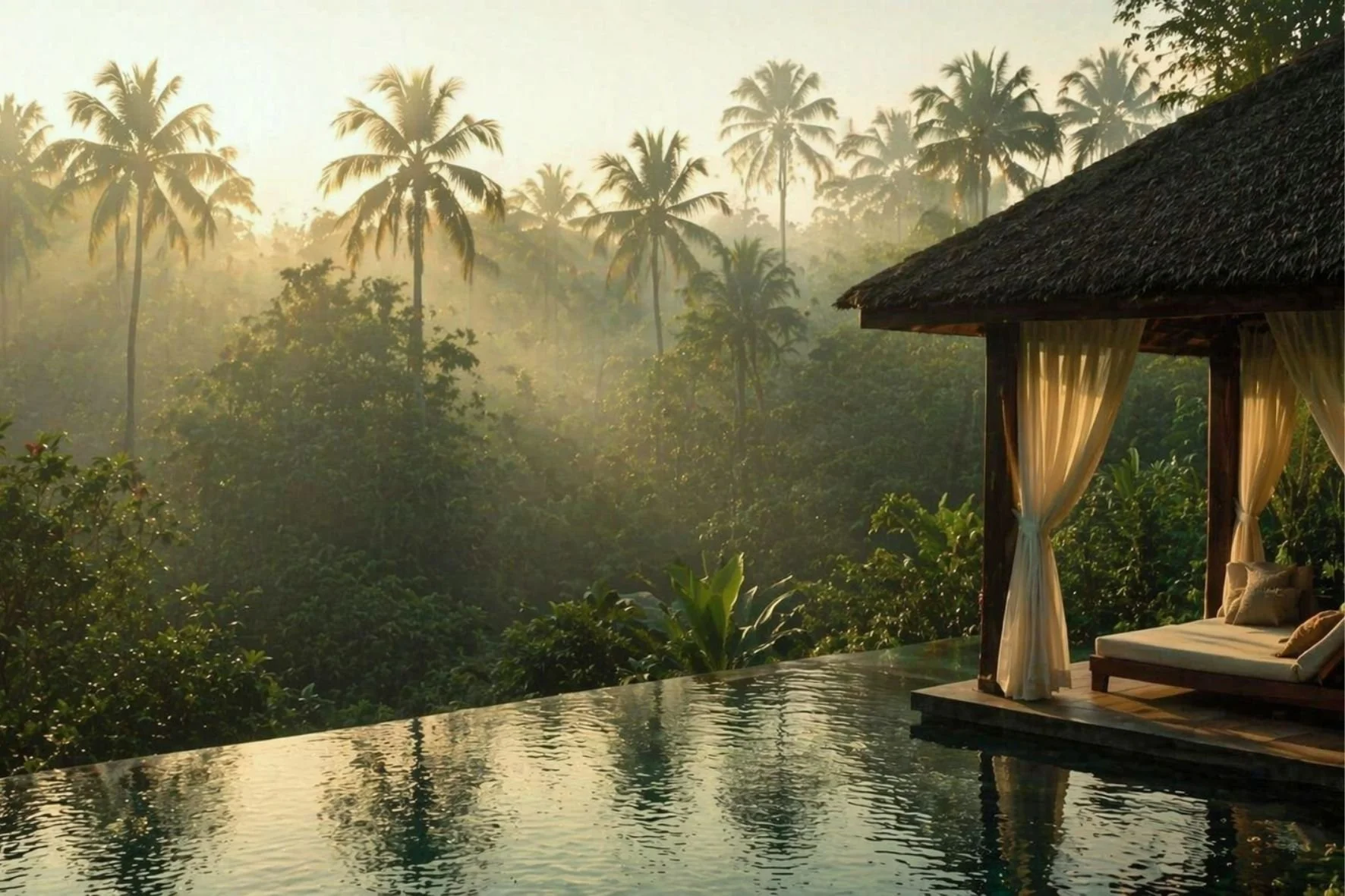 Luxury Bali jungle villa with an infinity pool overlooking lush tropical forest at sunrise, capturing a calm and immersive travel experience.