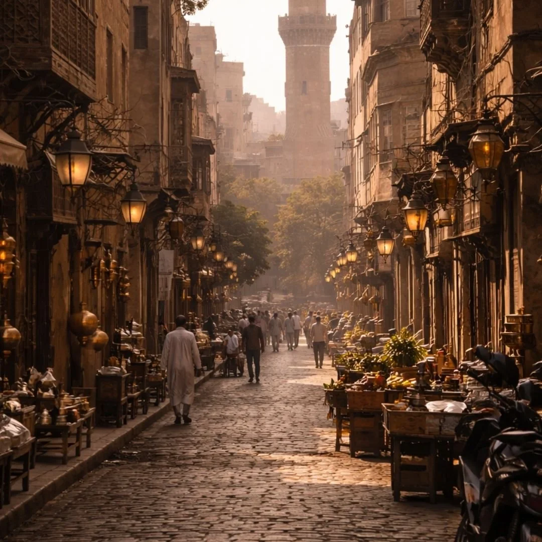 Cobblestone street in Old Cairo lined with historic buildings, lanterns, and market stalls.
