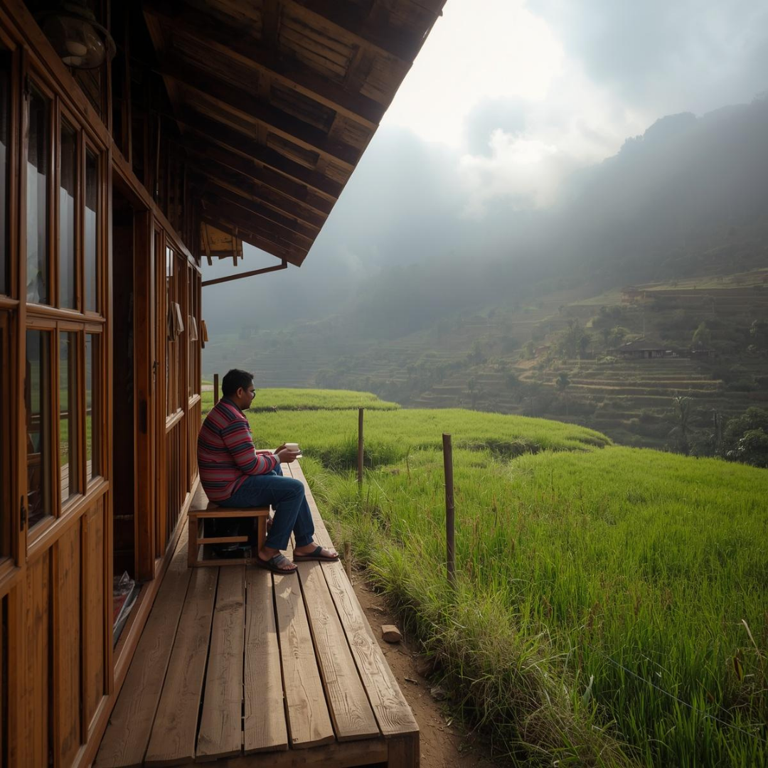 Indian traveller sitting on a wooden homestay veranda overlooking misty rice fields in Ziro Valley, Arunachal Pradesh