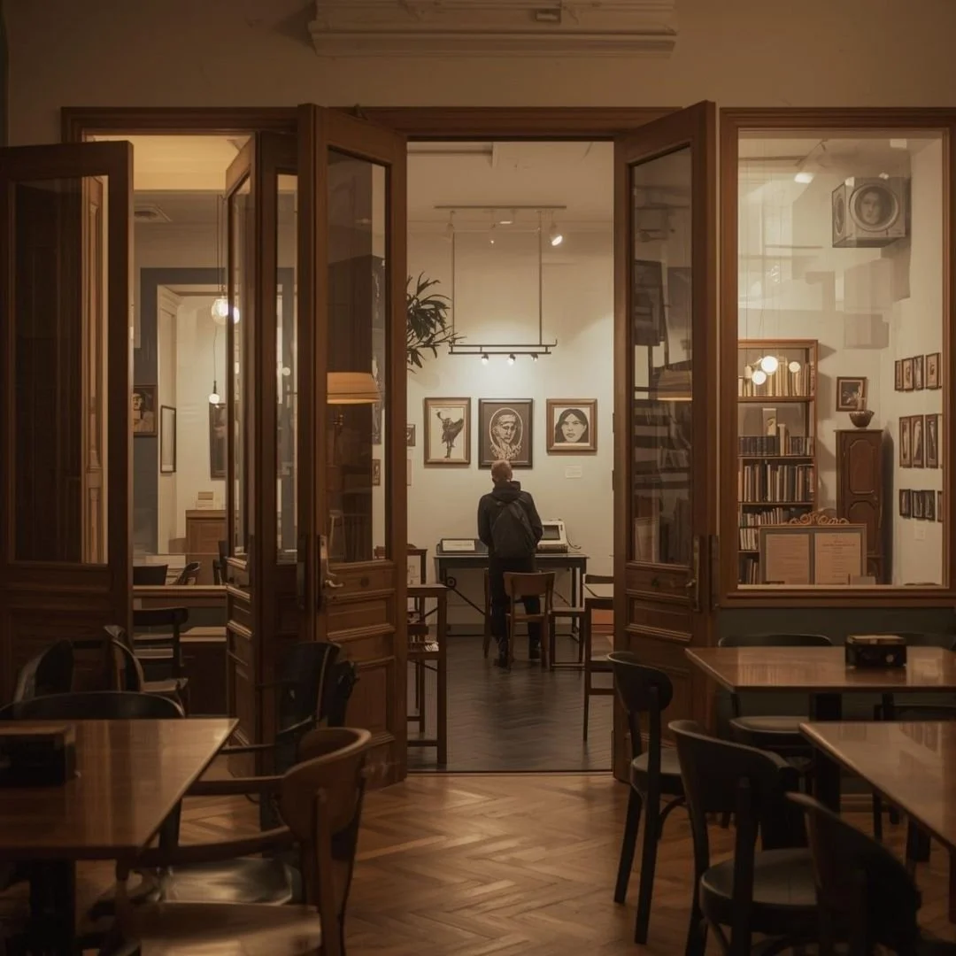 A warmly lit European café interior opening into a small cultural space, with wooden tables, framed artwork on the walls, and a solitary visitor standing quietly, evoking reflection, culture, and understated elegance