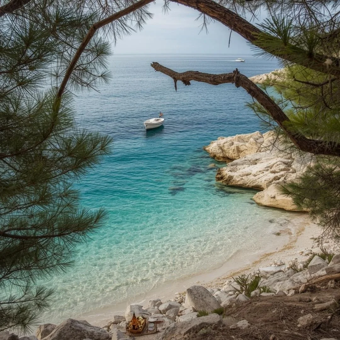 Secluded cove in Croatia with clear turquoise water, rocky shoreline, pine trees, and a small boat anchored offshore.