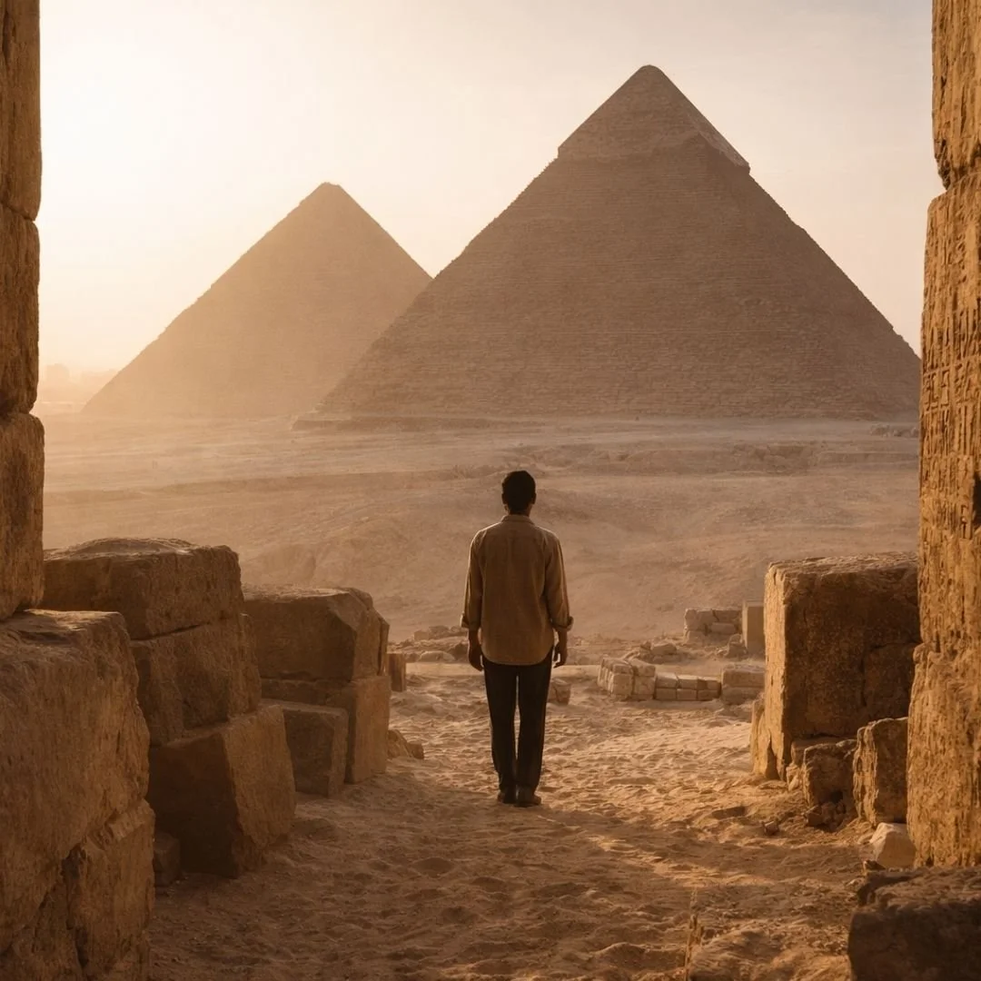 View of the pyramids of Giza framed by ancient stone walls with a lone traveler in the foreground.