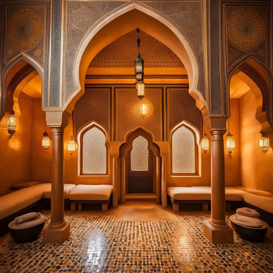 Elegant interior of a Moroccan hammam with ornate arches, warm lighting, mosaic tiles, and relaxation beds.