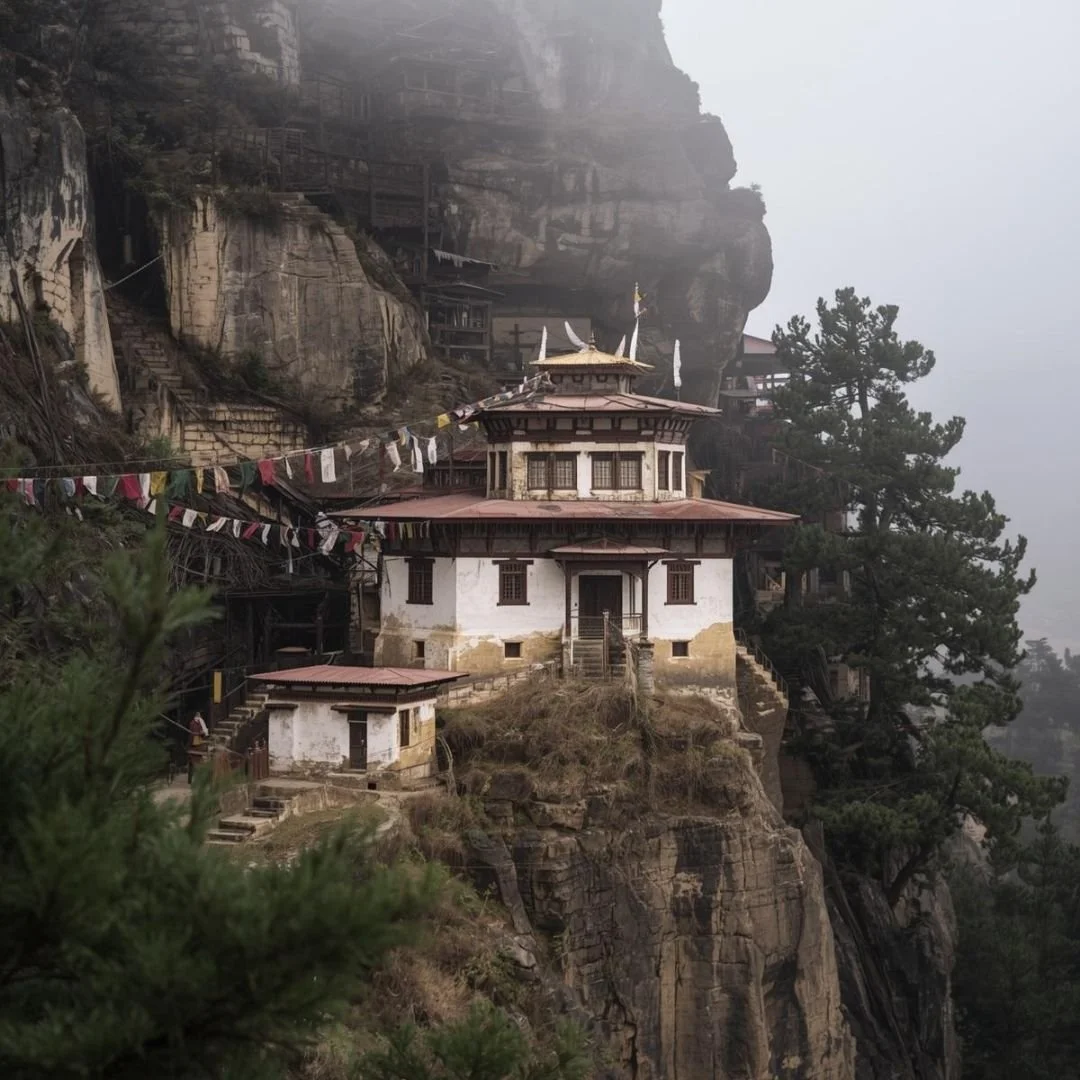 Bhutanese monastery perched on a rocky cliff, prayer flags stretching across misty mountain surroundings, quiet and contemplative atmosphere.