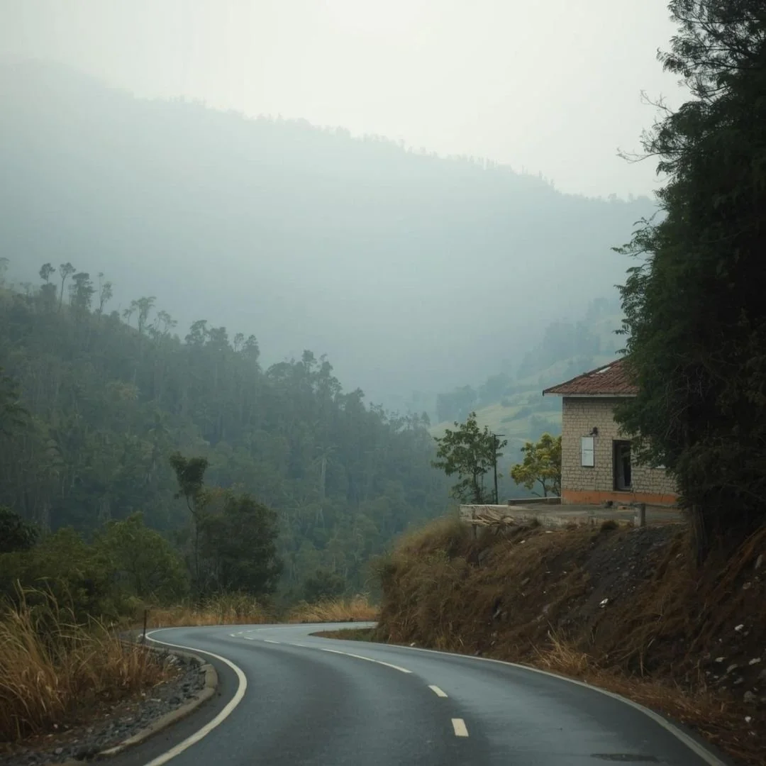 Winding mountain road descending through misty hills near Bomdila in Arunachal Pradesh with a quiet hillside home