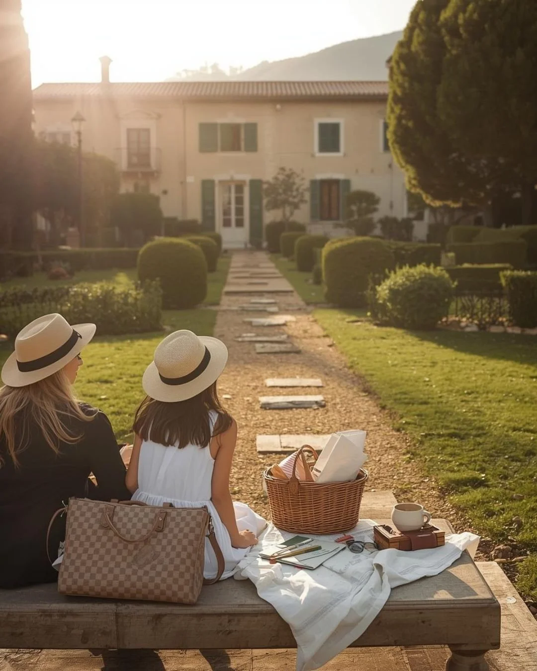 Two people in sun hats sit on a bench in a manicured garden with a picnic basket and coffee, facing a countryside villa in warm afternoon light.
