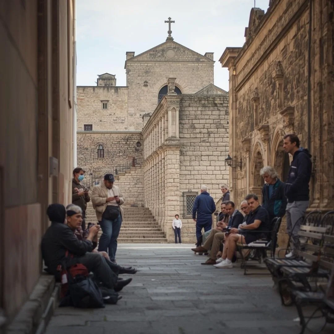 People sitting and standing along a narrow stone street in an old European quarter, with historic buildings and steps leading to a church in the background. Option 2
