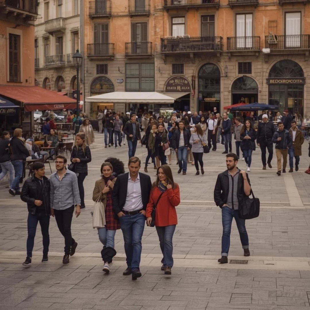 Locals and visitors strolling through a sunlit Barcelona plaza, cafés buzzing softly in the background, the city moving at an unhurried pace.