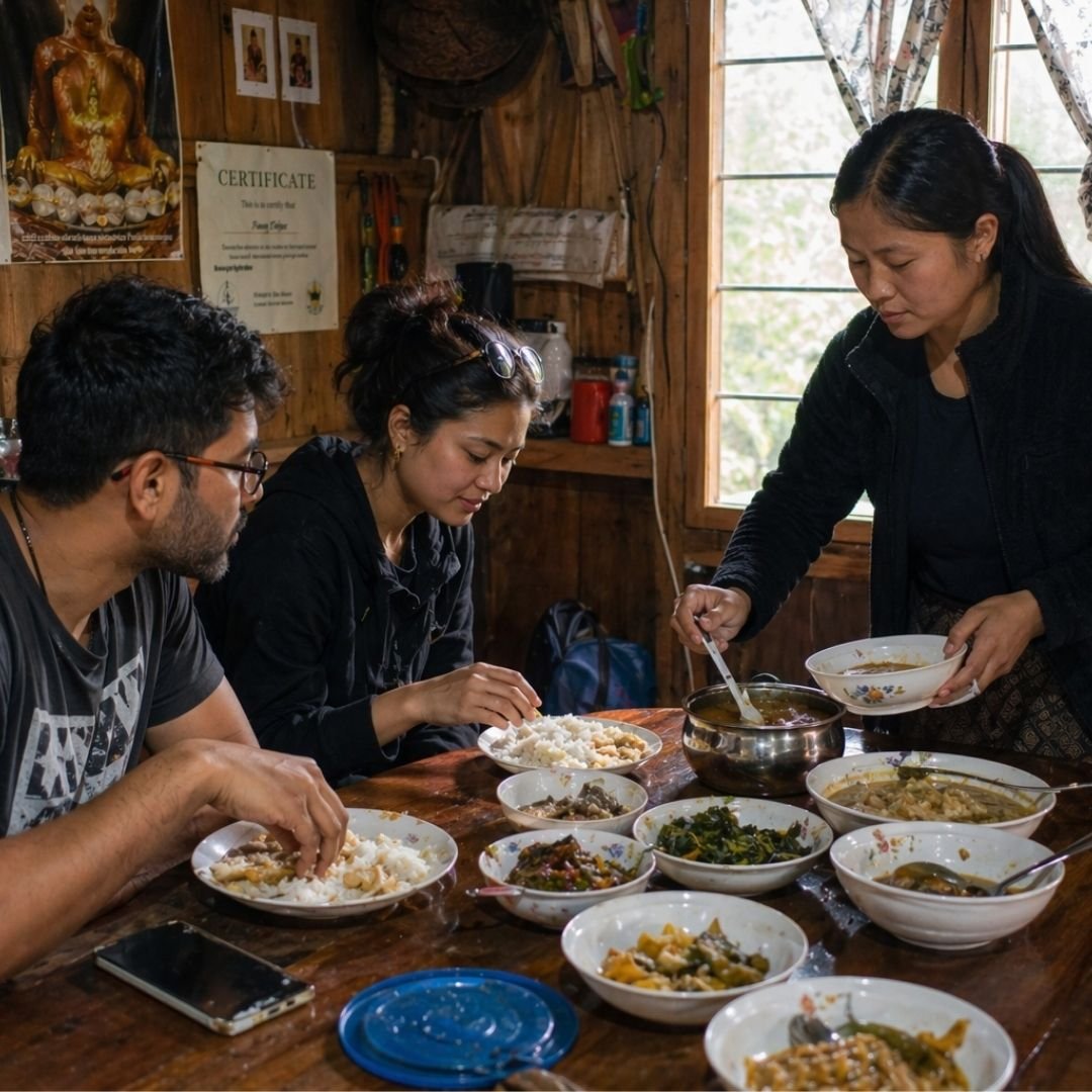 Urban Mumbai travellers enjoying a simple home-cooked meal in a rustic Arunachal village homestay, with a local host serving food in a warm, authentic wooden kitchen setting.
