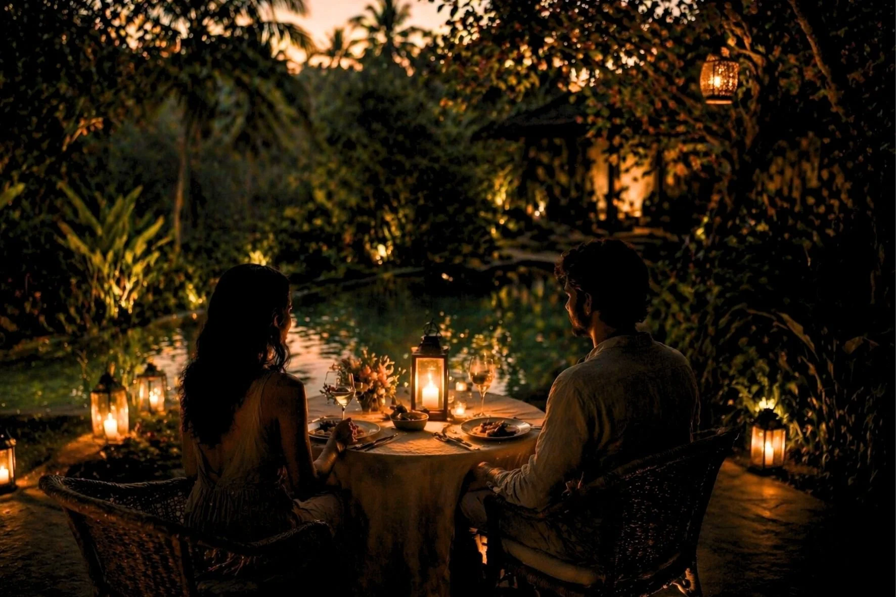 Couple enjoying a romantic candlelit dinner beside a private pool in a lush tropical garden, surrounded by soft lantern light and warm evening ambiance.