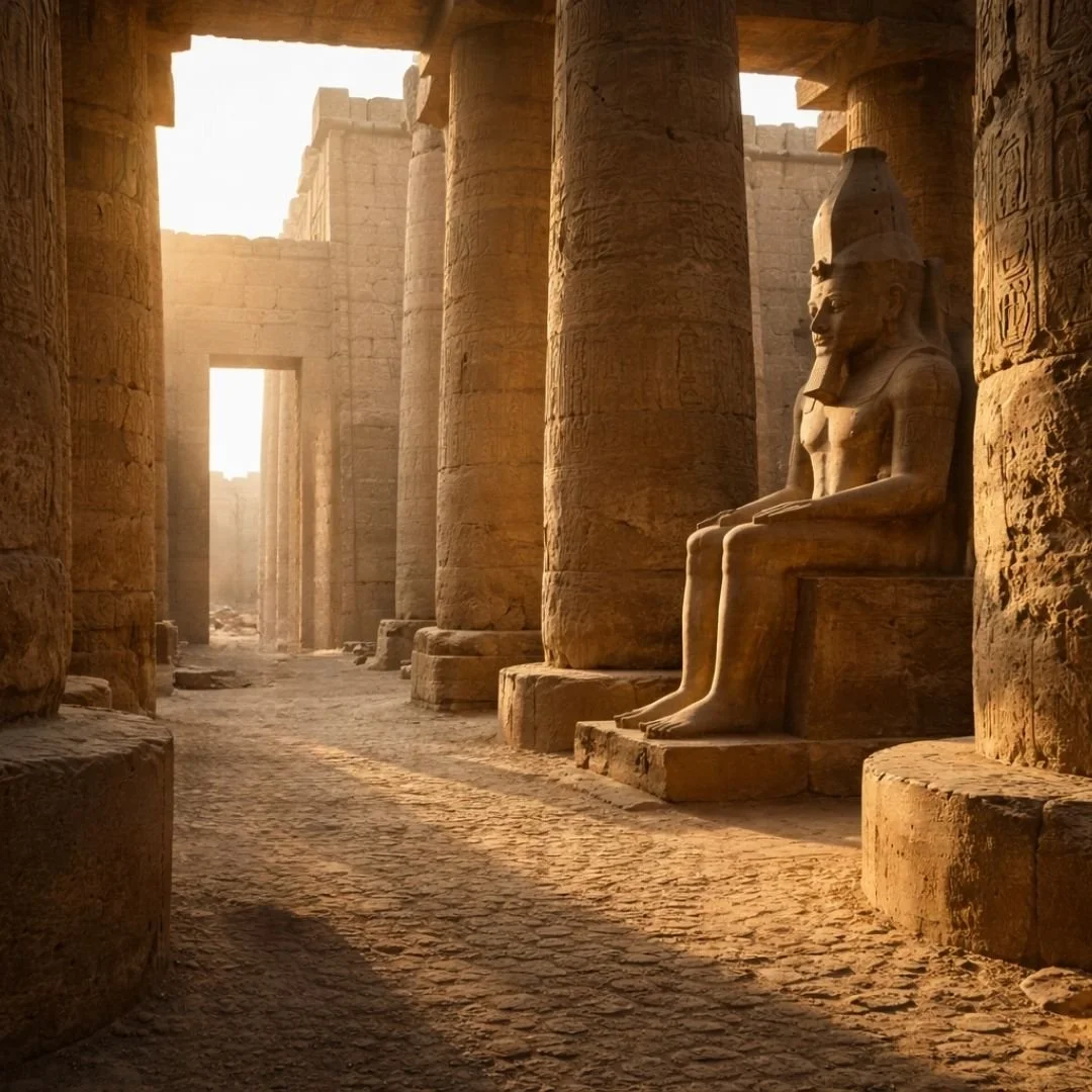 Sunlit stone columns and a seated statue inside an ancient Egyptian temple complex.