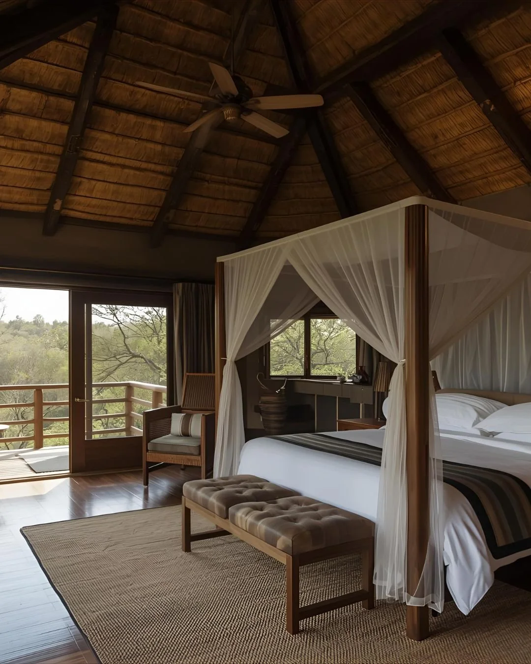 A bedroom with a four-poster bed and mosquito netting, a beige bench at the foot, wooden floors, and large windows overlooking trees, with a ceiling fan and a balcony outside.