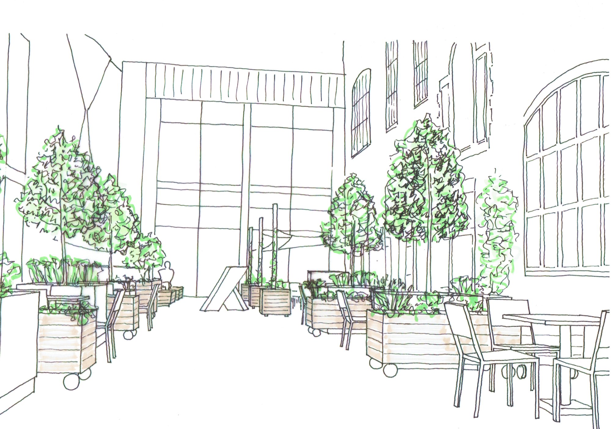 Public courtyard garden design sketch perspective